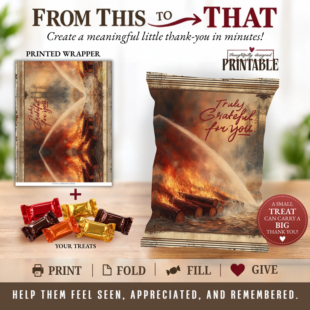 Firefighter Appreciation Printable Treat Wrapper | Truly Grateful for You | Wildfire Firefighter Thank You Gift | Hidden Treasures