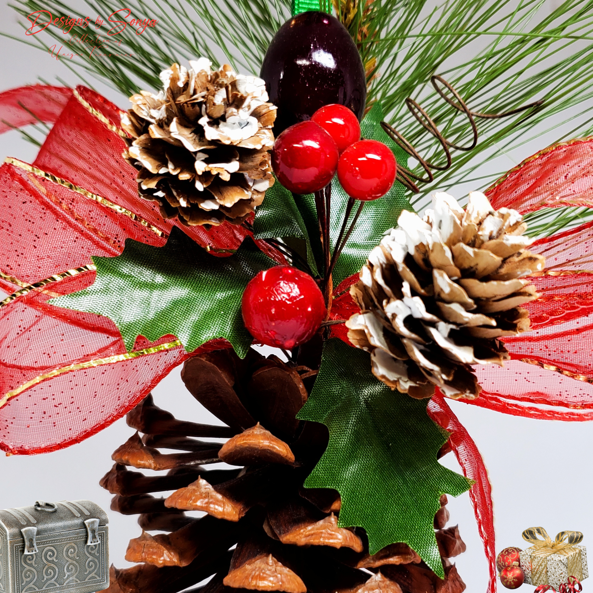 Close View of Frosted Pinecones with Ribbon
Close detail of pinecone ornament’s frosted pinecones, red berries, and decorative holly leaves with gold-trimmed ribbon for seasonal farmhouse décor.