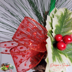 Ribbon Detail Close-Up
Detailed view of glittery red polka dot bow ribbon with wired edges, showing sparkle and quality craftsmanship.