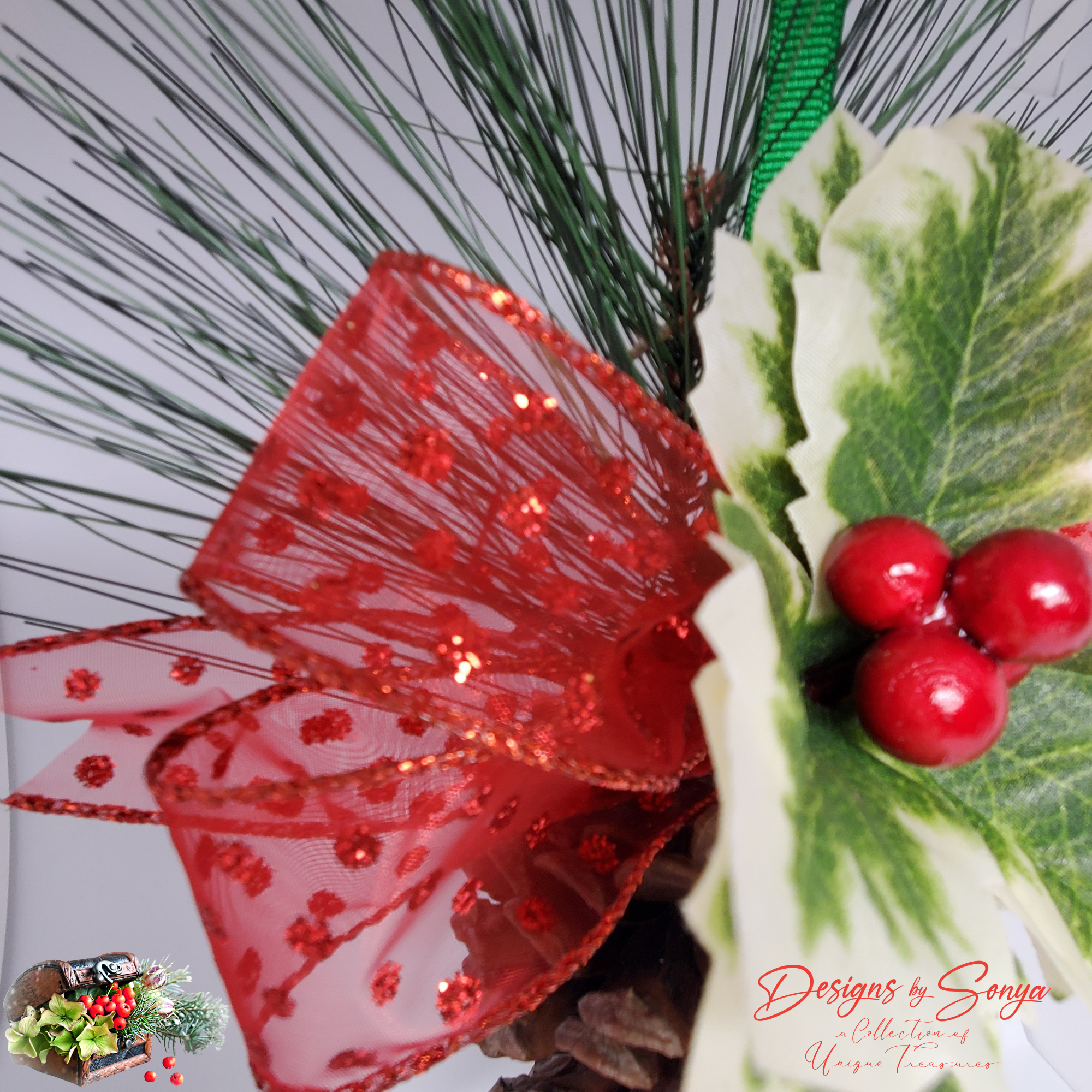 Ribbon Detail Close-Up
Detailed view of glittery red polka dot bow ribbon with wired edges, showing sparkle and quality craftsmanship.