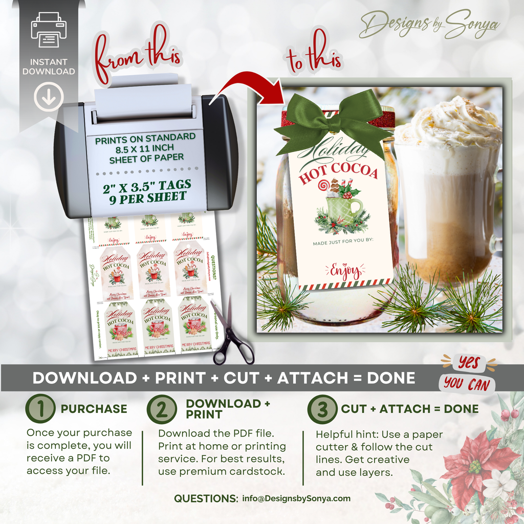 Print and Cut Holiday Cocoa Tags
Printable PDF sheet of holiday cocoa tags ready to print, cut, and attach for Christmas gifts, favors, and corporate giveaways.