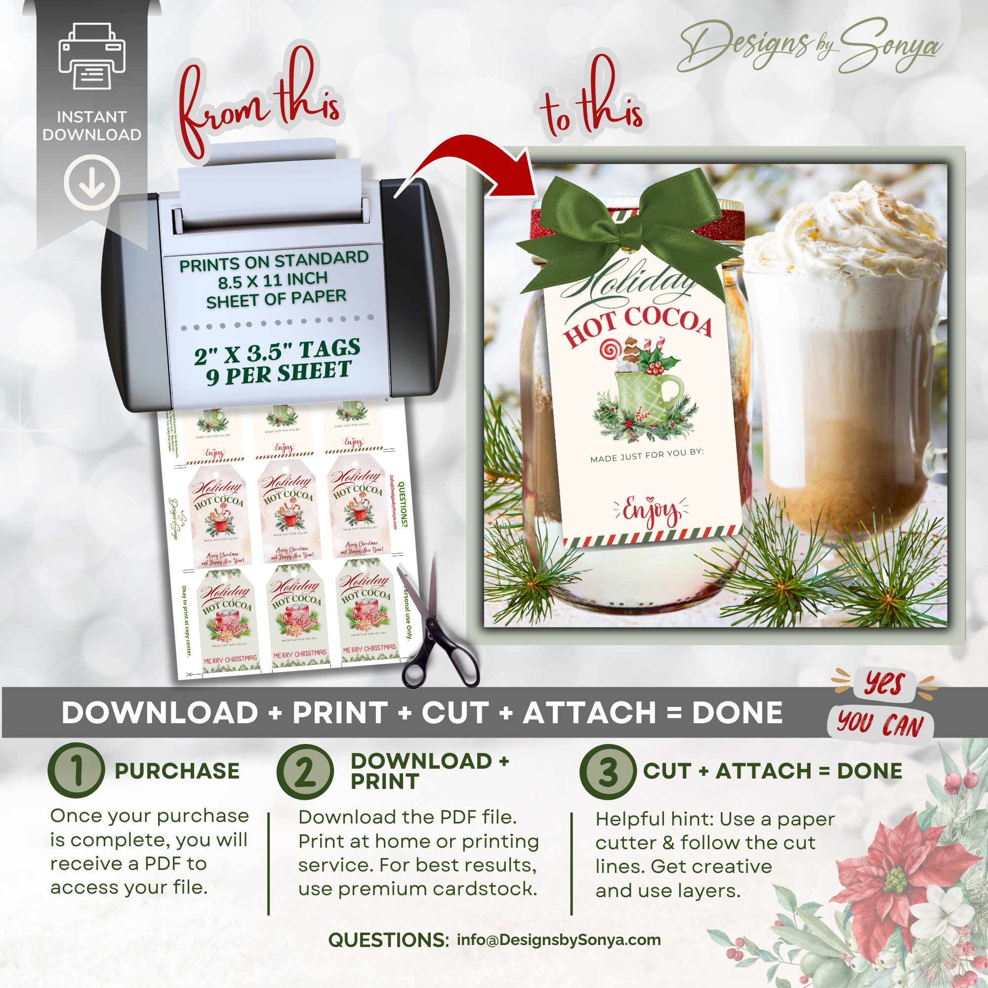 Print and Cut Holiday Cocoa Tags
Printable PDF sheet of holiday cocoa tags ready to print, cut, and attach for Christmas gifts, favors, and corporate giveaways.
