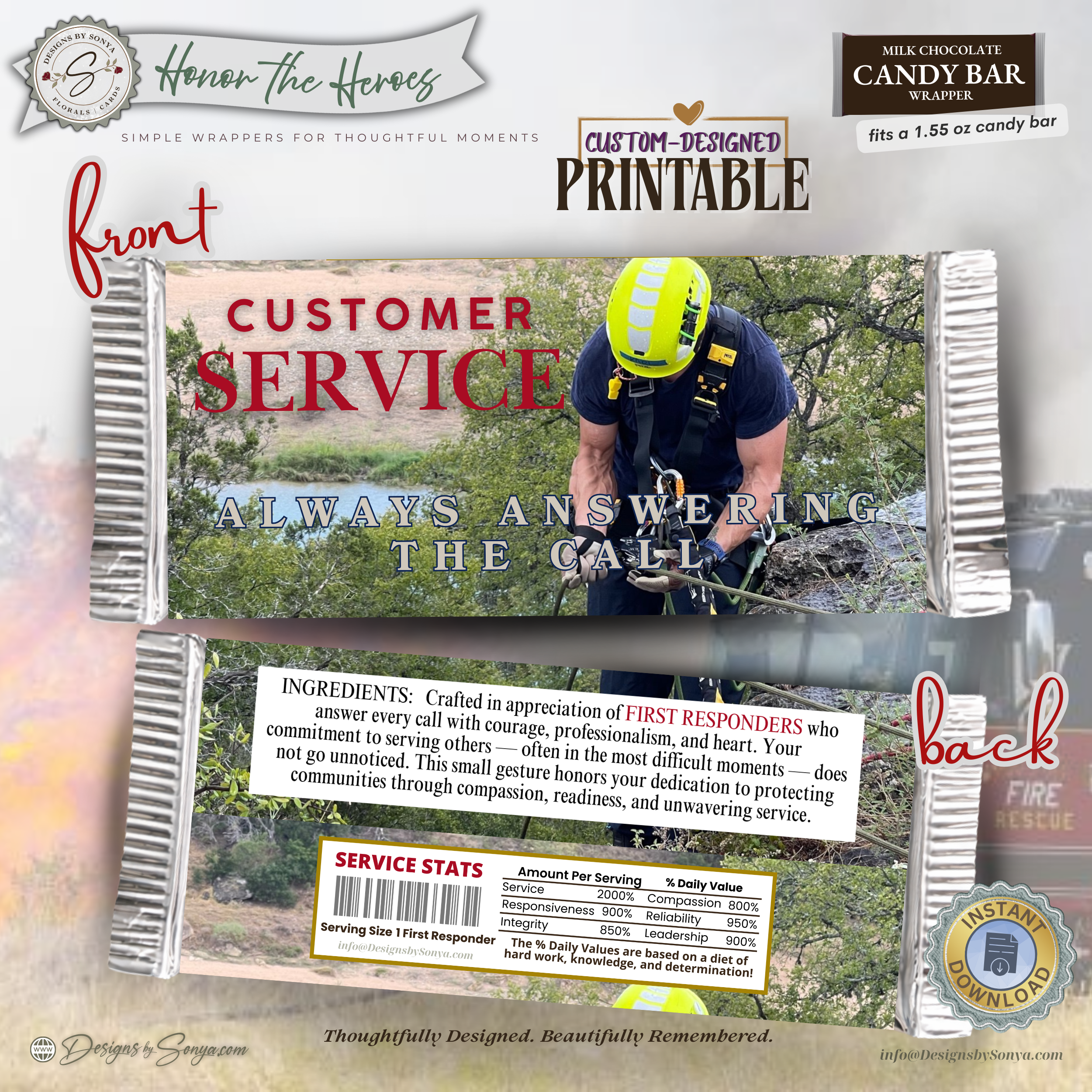 Honor the Heroes First Responder Candy Bar Wrapper Printable – Customer Service Always Answering the Call – Thank You Gift Favor – 1.55 oz Chocolate Bar