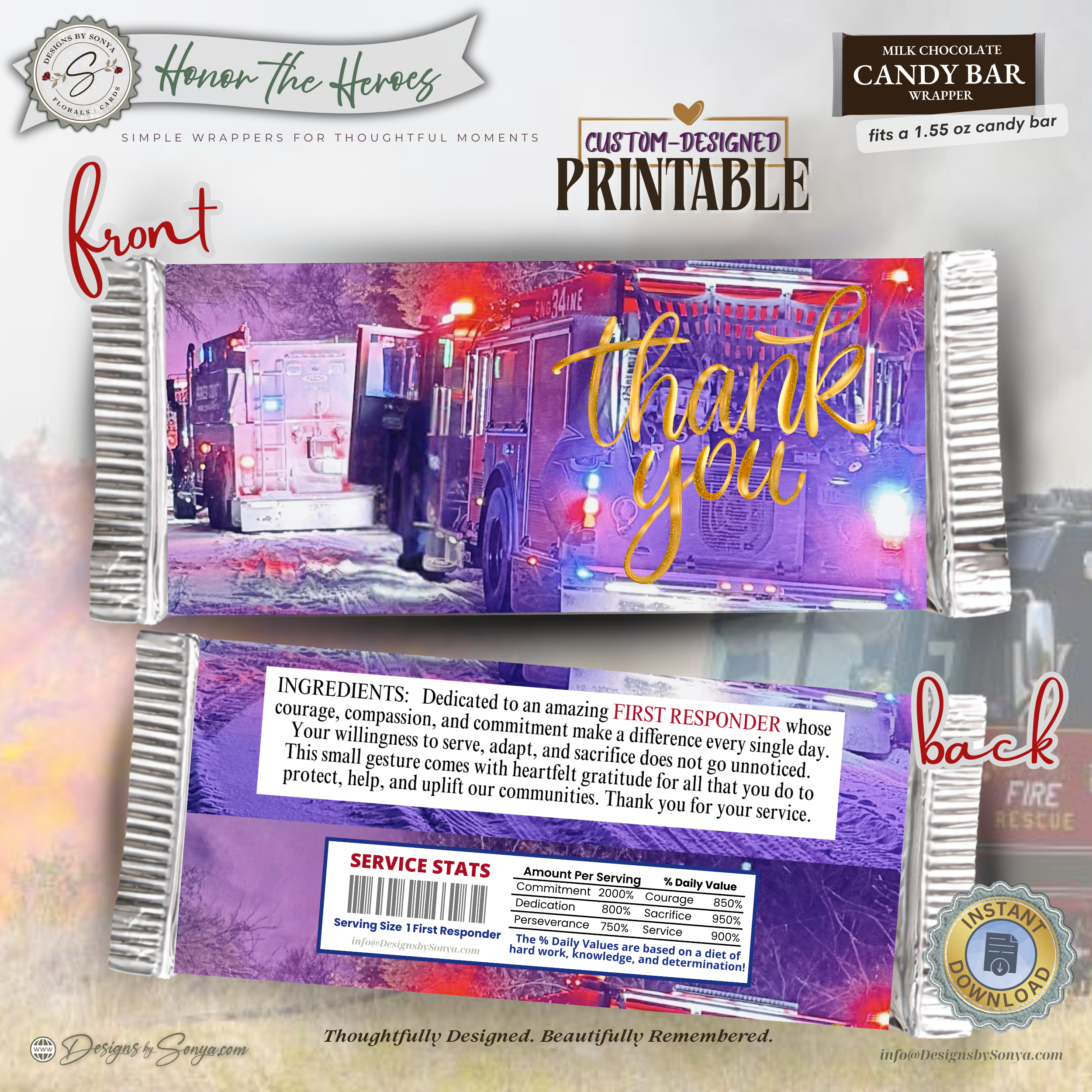 First Responder Candy Bar Wrapper Printable – Thank You Firefighter EMT Gift – Honor the Heroes Chocolate Wrapper – Fits 1.55 oz Candy Bar - Instant Download