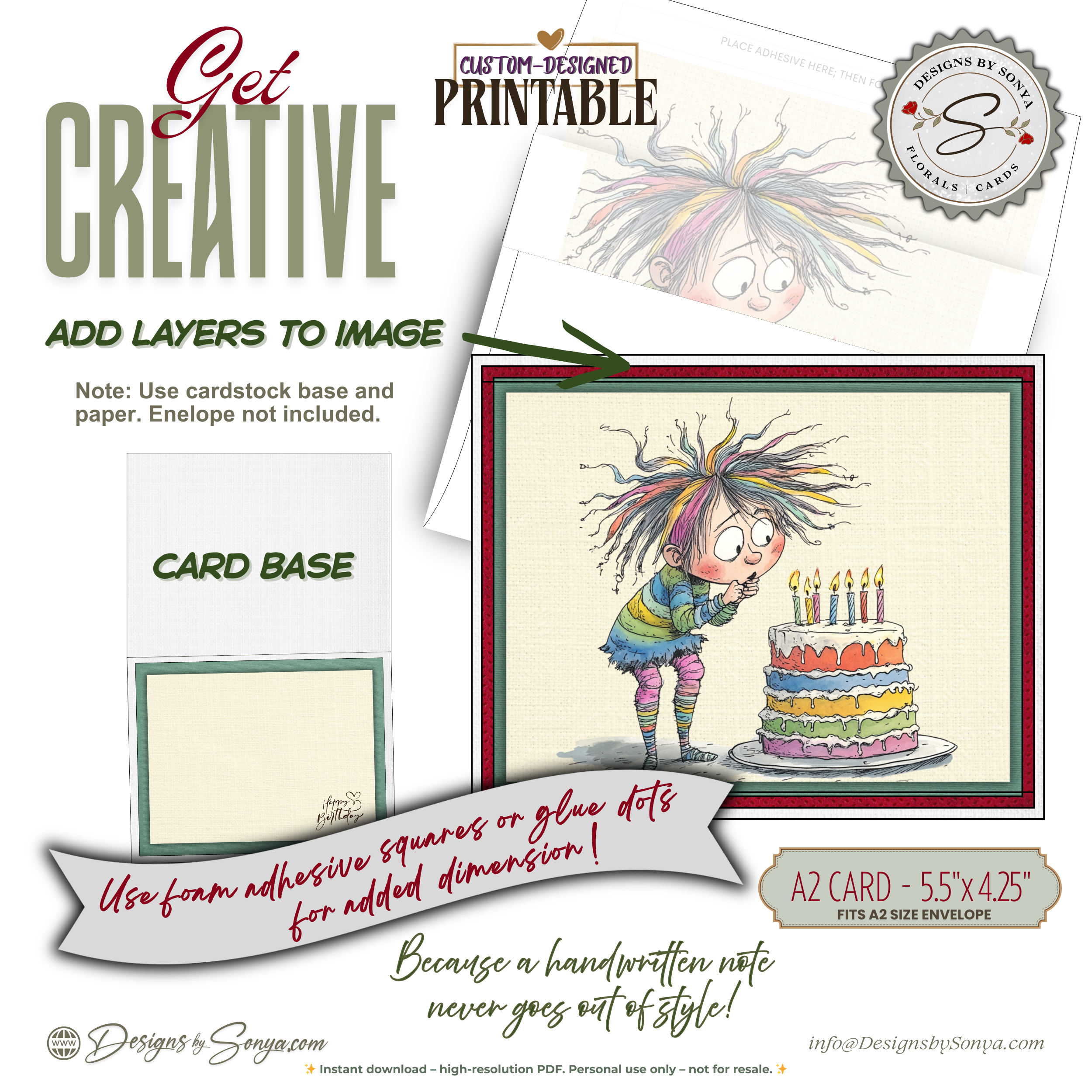 Whimsical Rainbow Birthday Printable A2 Card – Playful Watercolor Child with Cake – Instant Download Greeting Card 5.5 x 4.25