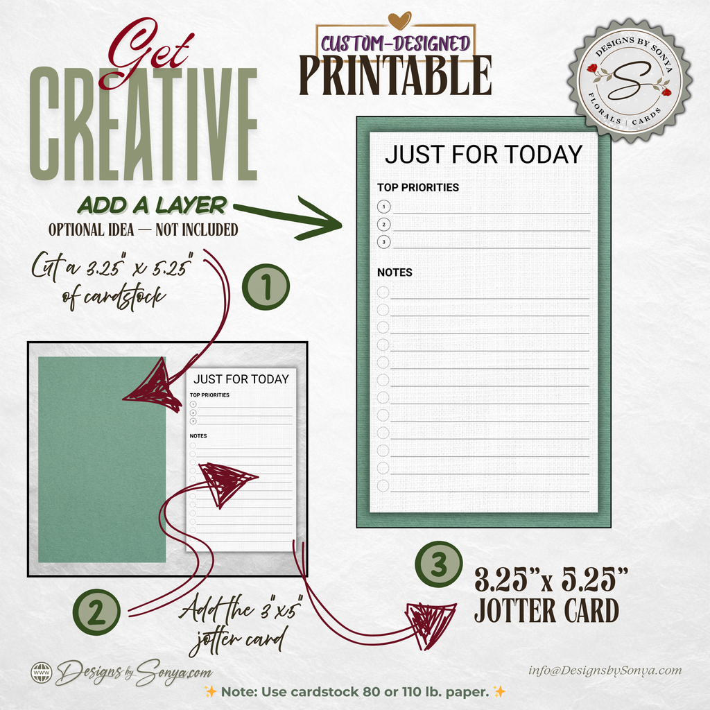 Just for Today Jotter Card Printable – 3x5 Daily Focus & Notes Card – Minimal Task List for Intentional Planning & Simple Living