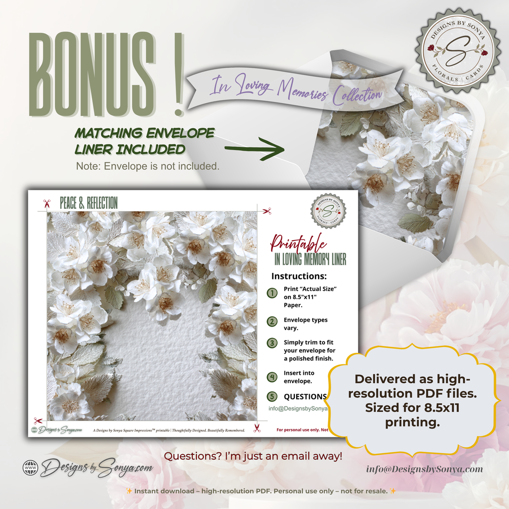 Printable Sympathy Card • In Loving Memory • Square Format 5.5” Card • Bonus Envelope Liner • Custom Message Insert • Instant Download PDF