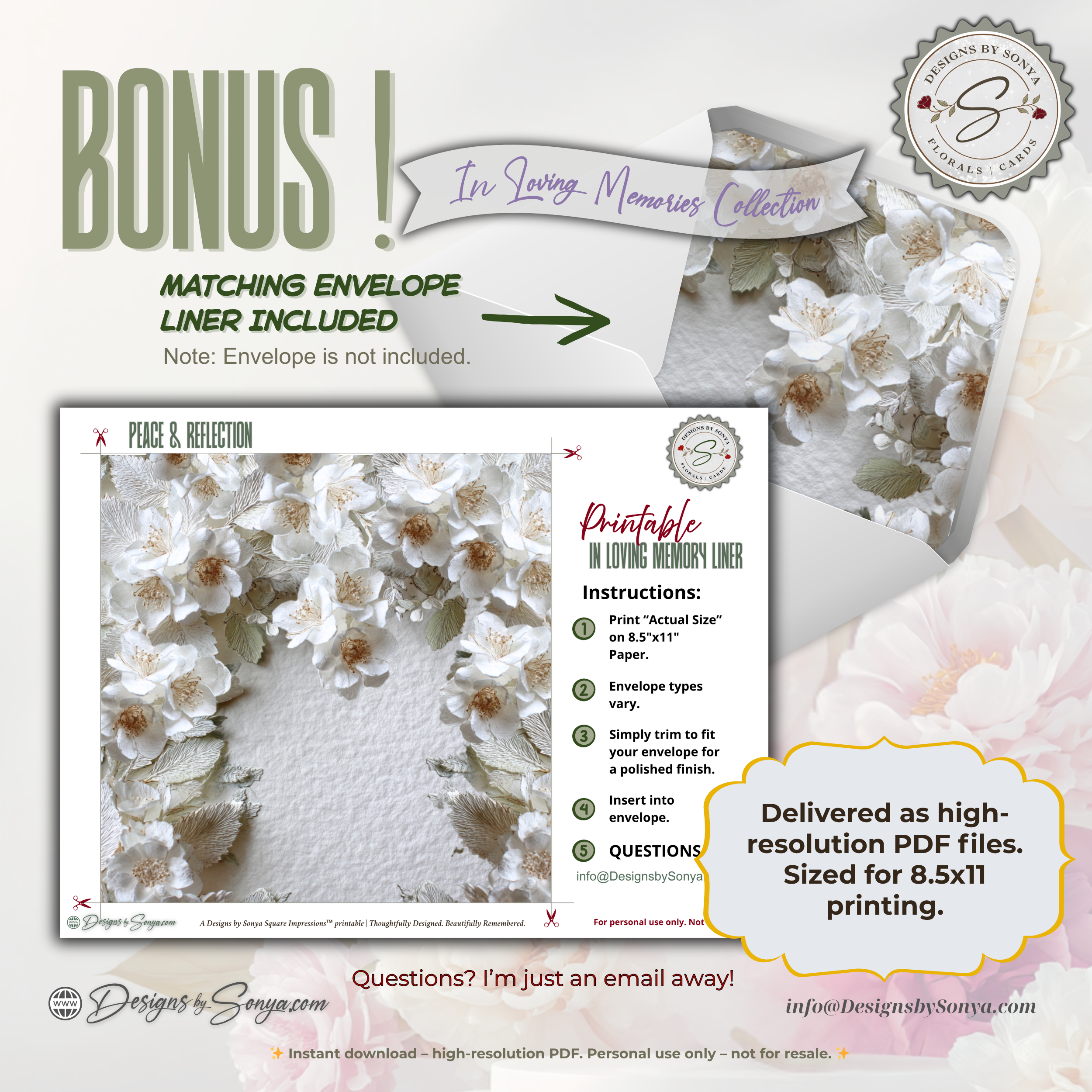 Printable Sympathy Card • In Loving Memory • Square Format 5.5” Card • Bonus Envelope Liner • Custom Message Insert • Instant Download PDF