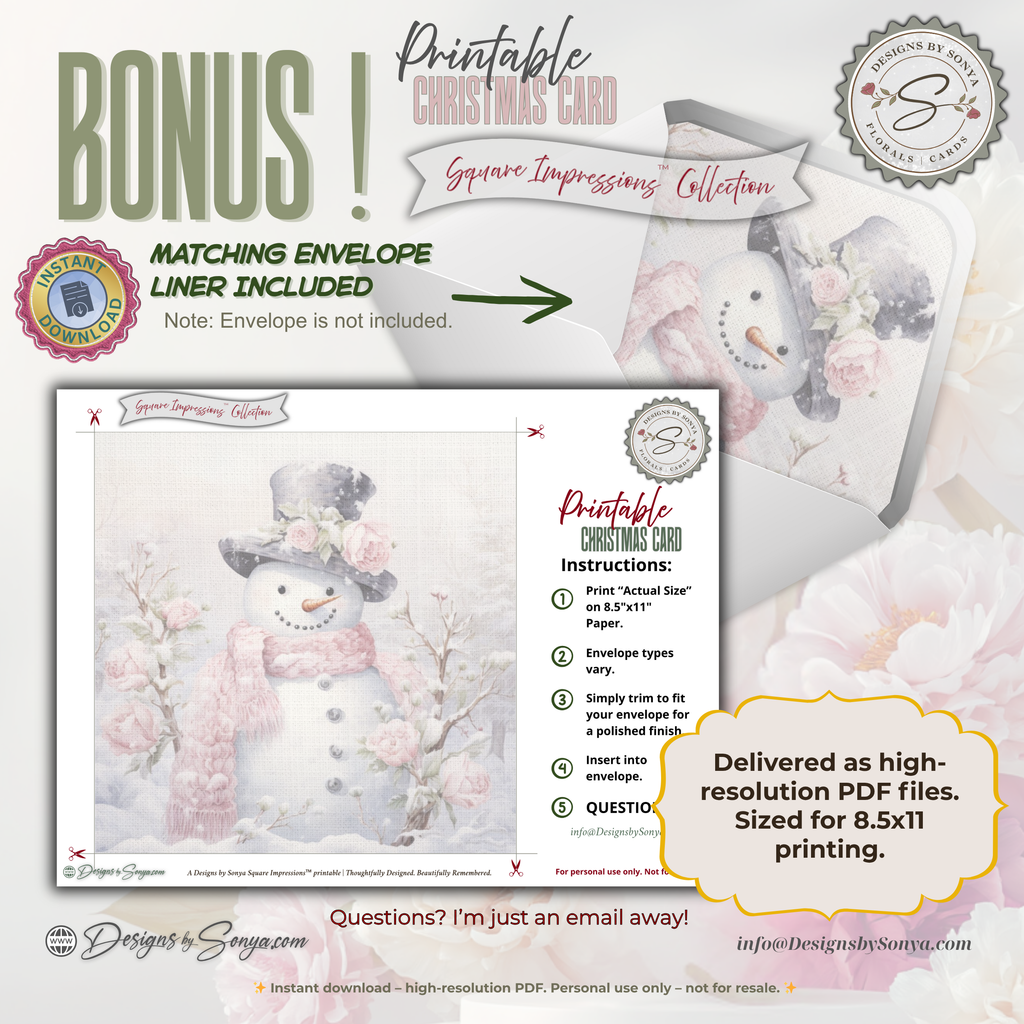 Printable Pink Snowman Christmas Card | Square Floral Holiday Card | 5.5” Square | Envelope Liner | Instant Download | Pastel Winter Note Card