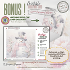 Printable Pink Snowman Christmas Card | Square Floral Holiday Card | 5.5” Square | Envelope Liner | Instant Download | Pastel Winter Note Card
