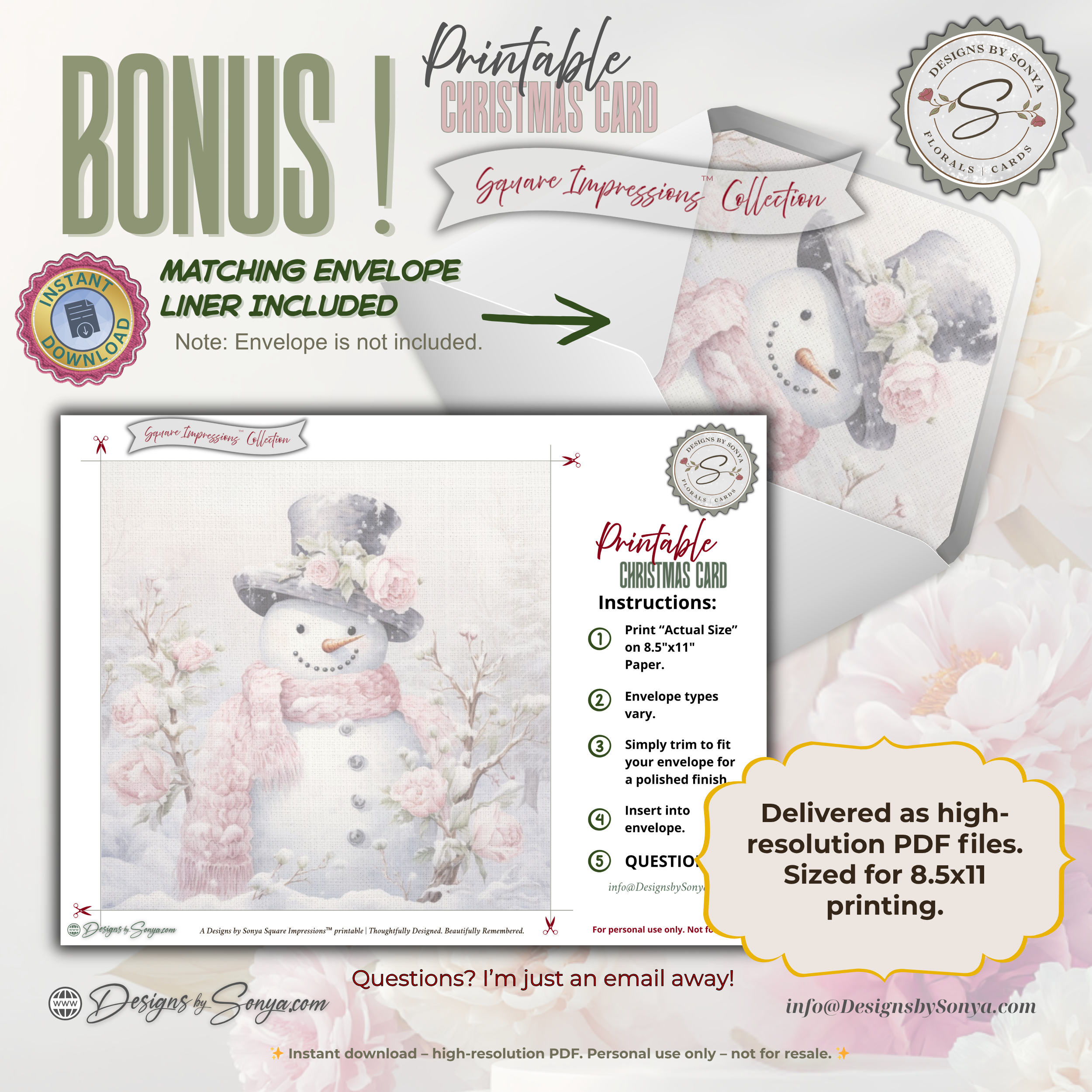 Printable Pink Snowman Christmas Card | Square Floral Holiday Card | 5.5” Square | Envelope Liner | Instant Download | Pastel Winter Note Card
