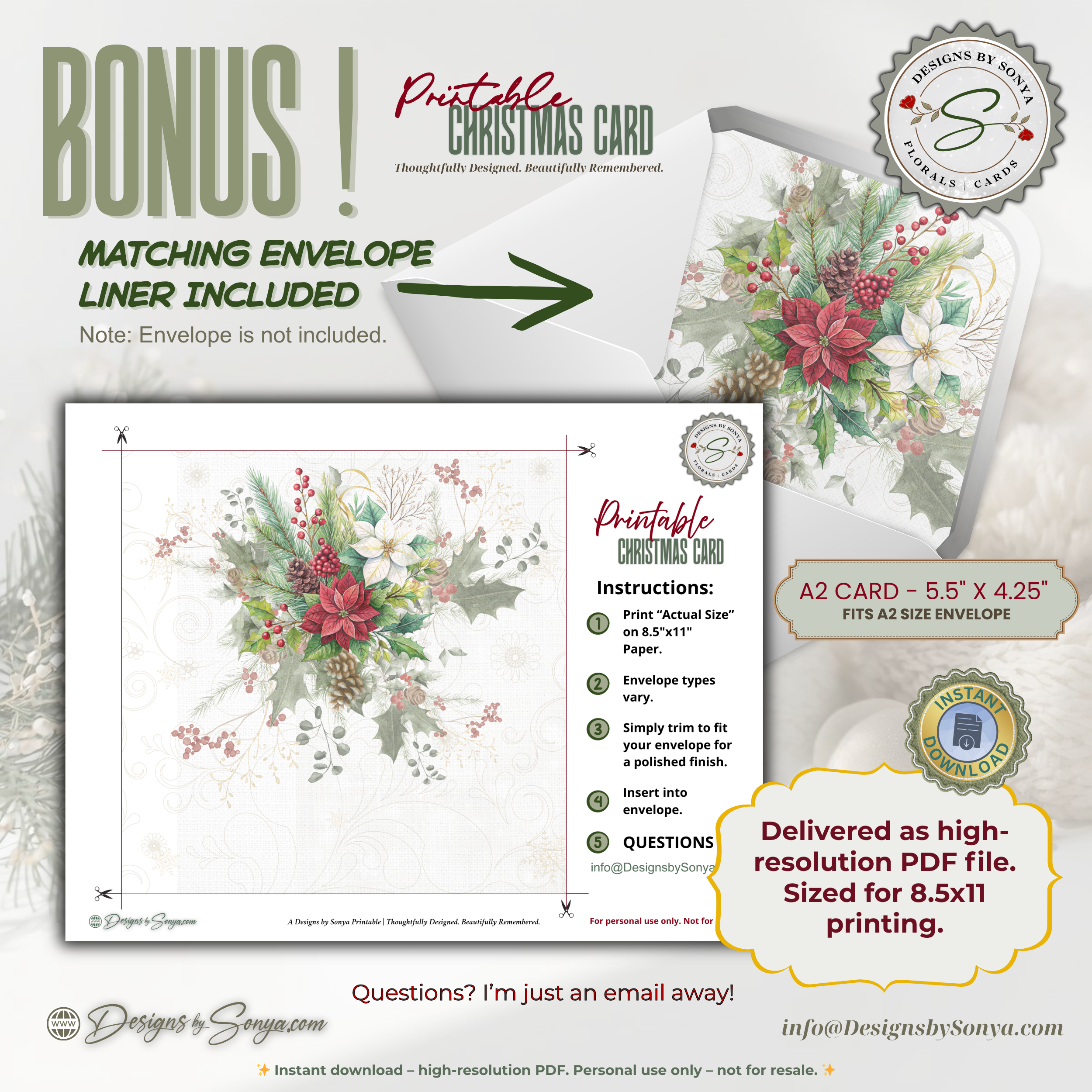 Printable Christmas Card • “Just for You” Watercolor Holly, Pine & Berries • A2 Folded (5.5" x 4.25") Holiday DIY Greeting Note Card