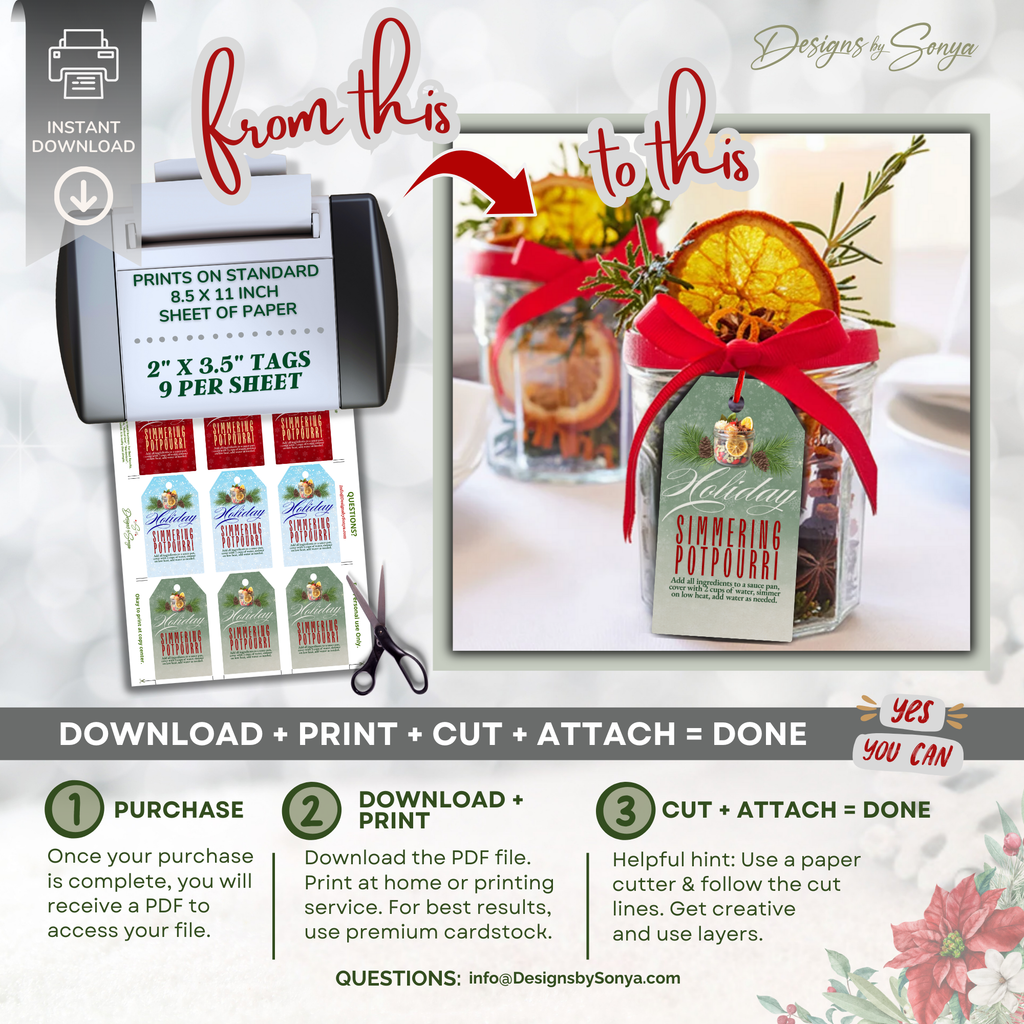 Printable Potpourri Tags Download Sheet
Holiday simmering potpourri tags shown on an 8.5x11” printable sheet with cutting instructions. Perfect for DIY Christmas packaging, handmade keepsakes, and corporate gift wrapping.