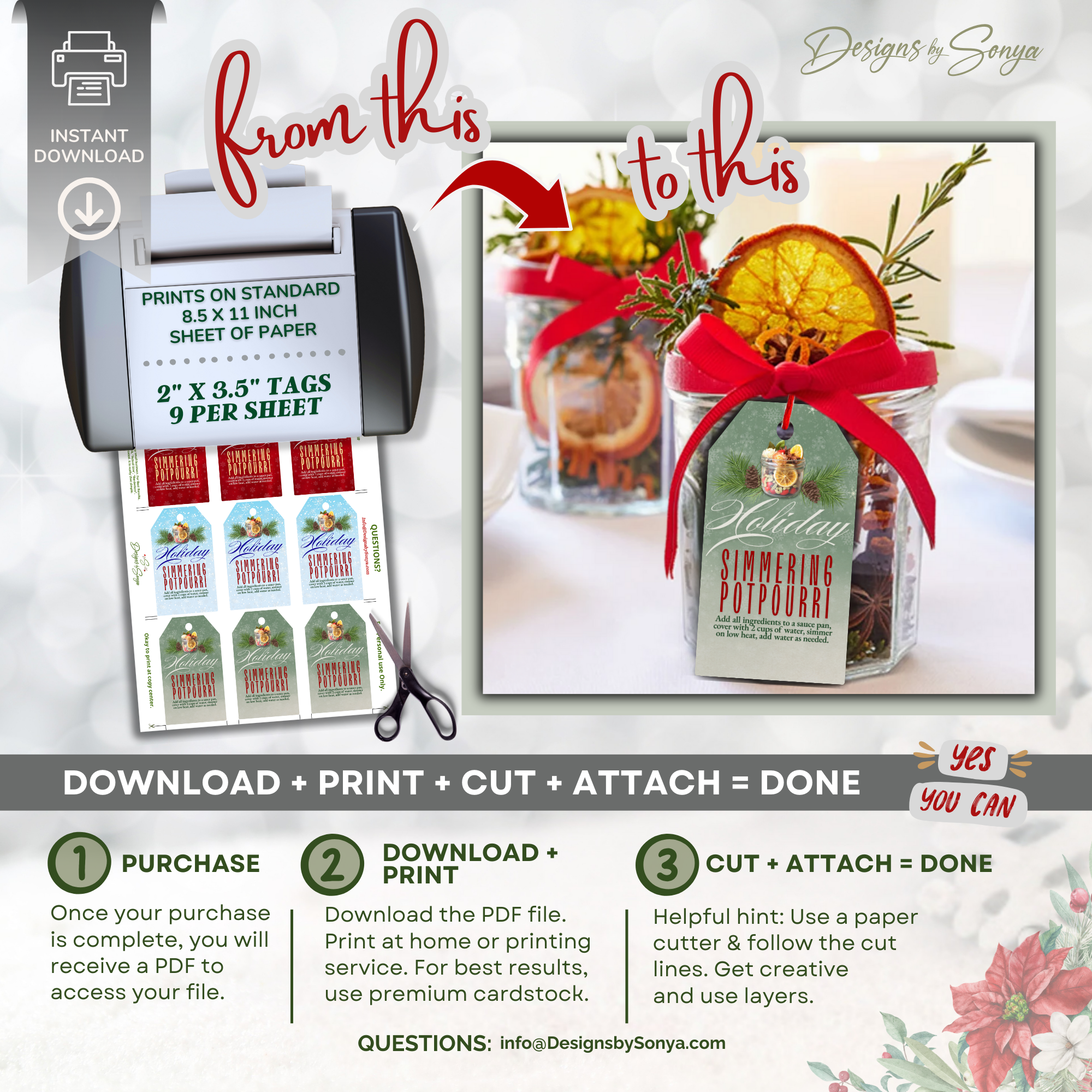 Printable Potpourri Tags Download Sheet
Holiday simmering potpourri tags shown on an 8.5x11” printable sheet with cutting instructions. Perfect for DIY Christmas packaging, handmade keepsakes, and corporate gift wrapping.