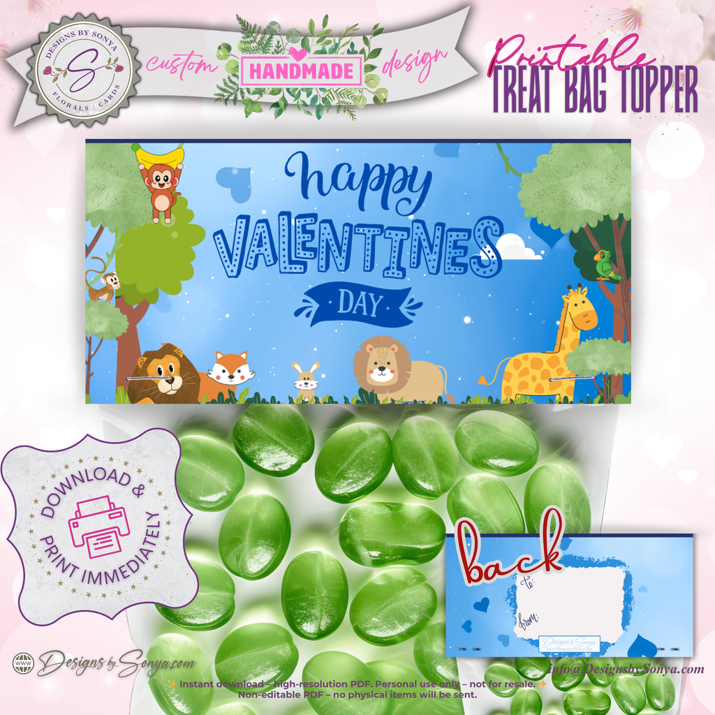 Safari Animals Valentine Treat Bag Topper Printable – Cute Classroom DIY Snack Bag Label – Kids Valentine Party Favor for Teachers & Students