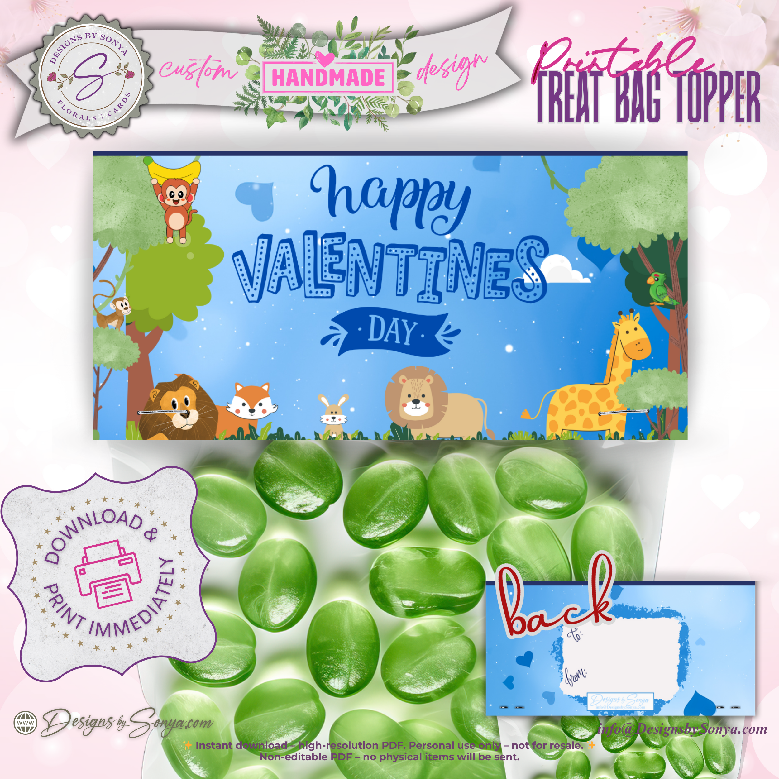Safari Animals Valentine Treat Bag Topper Printable – Cute Classroom DIY Snack Bag Label – Kids Valentine Party Favor for Teachers & Students