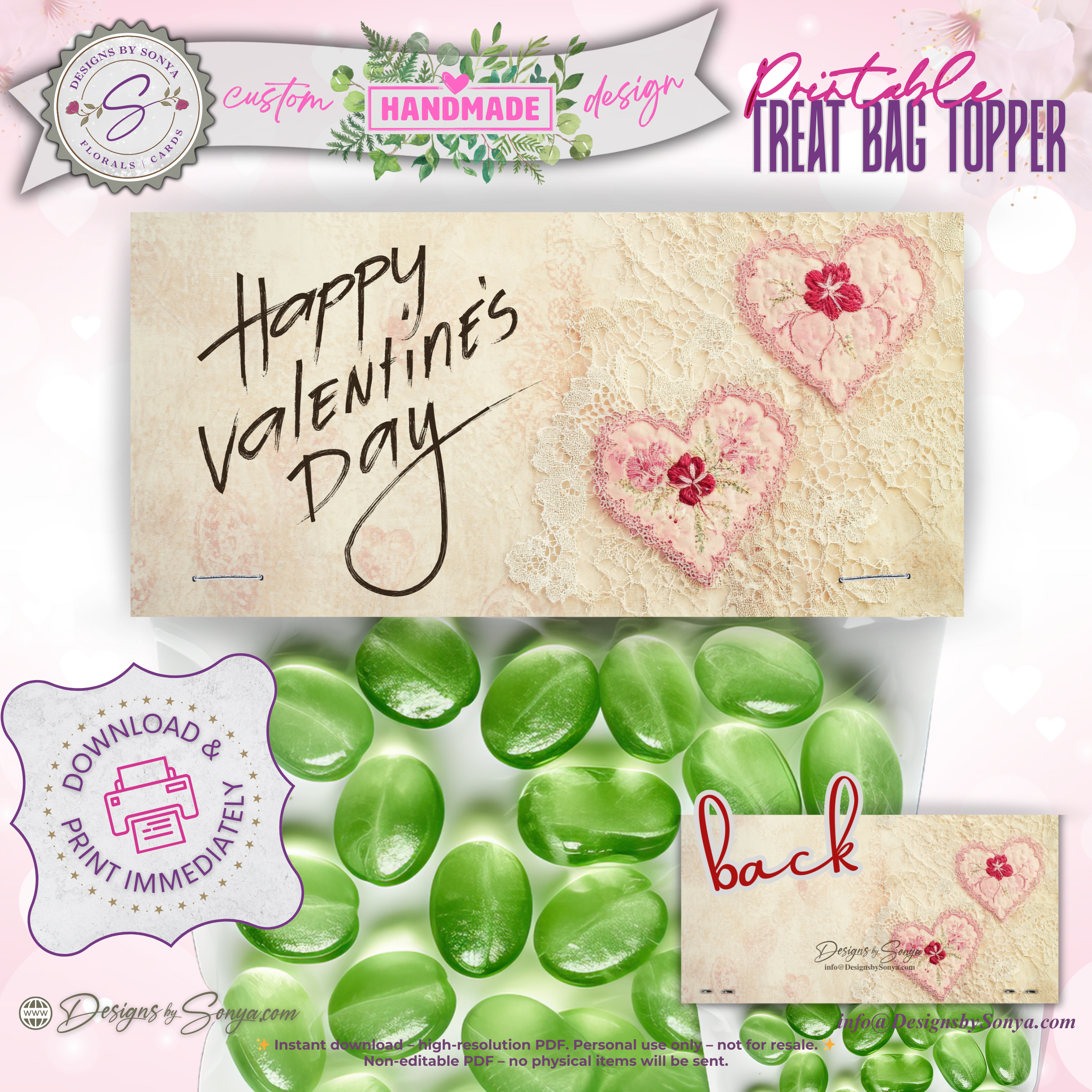 Vintage Valentine Printable Treat Bag Topper – Happy Valentine’s Day Candy Bag Topper for Classroom Treats, Teachers & Neighbors – 4"x2" Folded