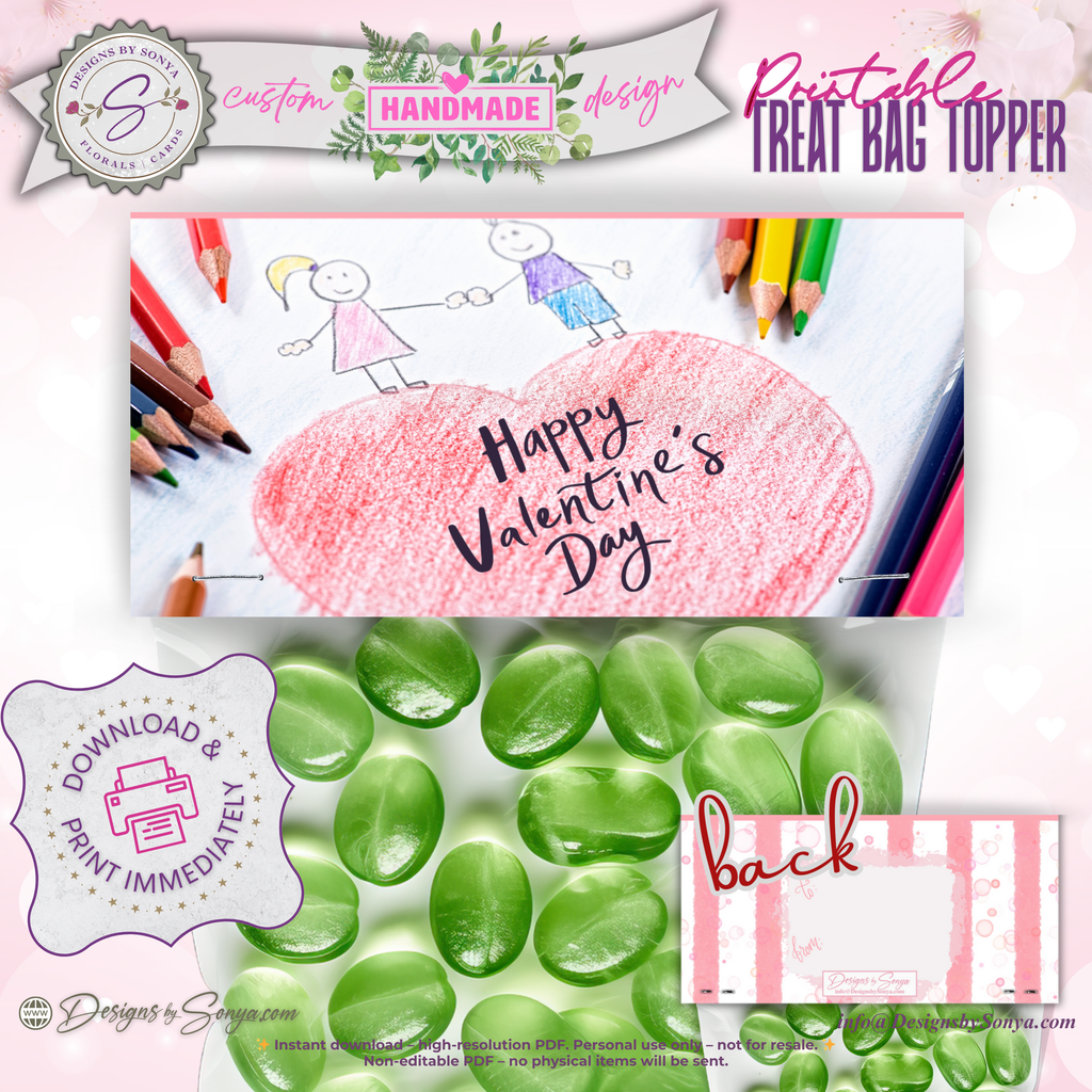 Kids Valentine Treat Bag Topper Printable – Crayon Heart Classroom Favor – 4x2" DIY Snack Bag Label for School Parties & Teachers Gift