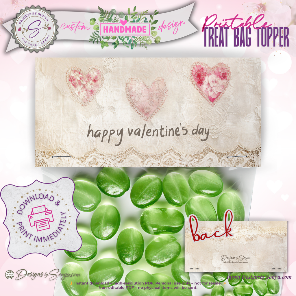 Vintage Hearts & Lace Printable Valentine Candy Treat Bag Topper – Classroom Party Favors, Teachers, Friends,  Neighbors – 4"x2" Folded