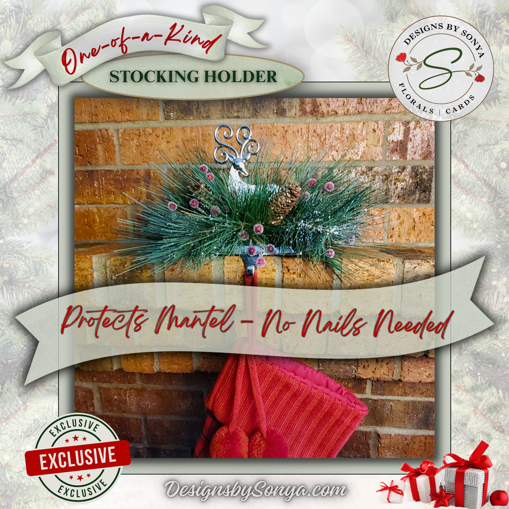 Protects Mantel Reindeer Stocking Holder
Reindeer stocking holder displayed on a brick fireplace mantel. Protects surfaces without nails or hardware while providing festive décor.