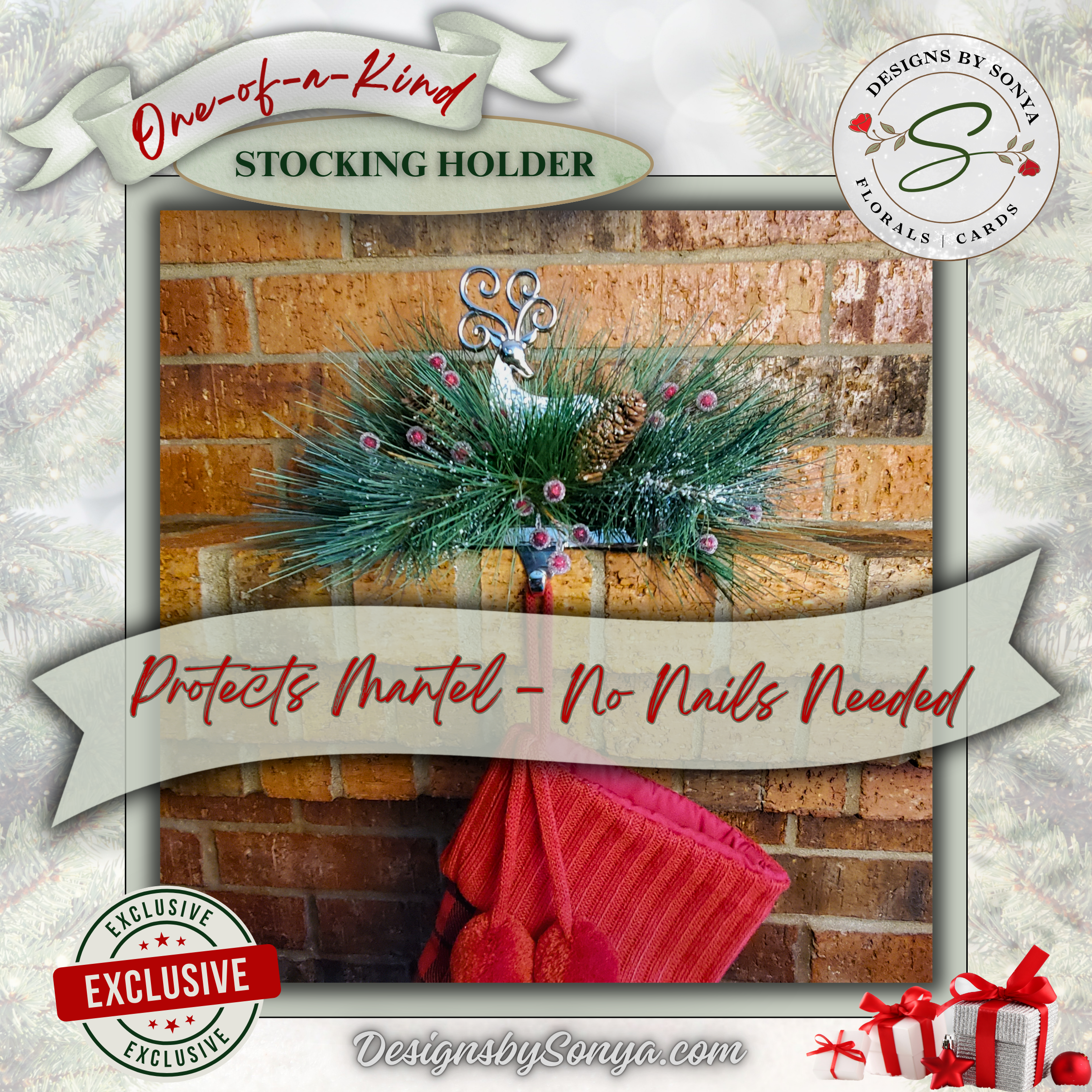 Protects Mantel Reindeer Stocking Holder
Reindeer stocking holder displayed on a brick fireplace mantel. Protects surfaces without nails or hardware while providing festive décor.