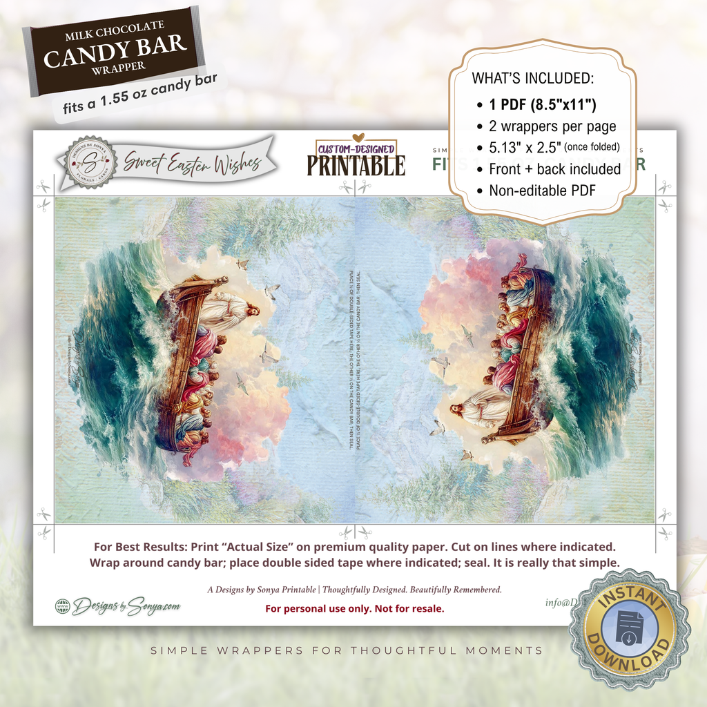 Jesus Calms the Storm Easter Candy Bar Wrapper Printable – Watercolor Disciples Boat Chocolate Wrap for 1.55 oz Bars – Religious Easter Basket Favor