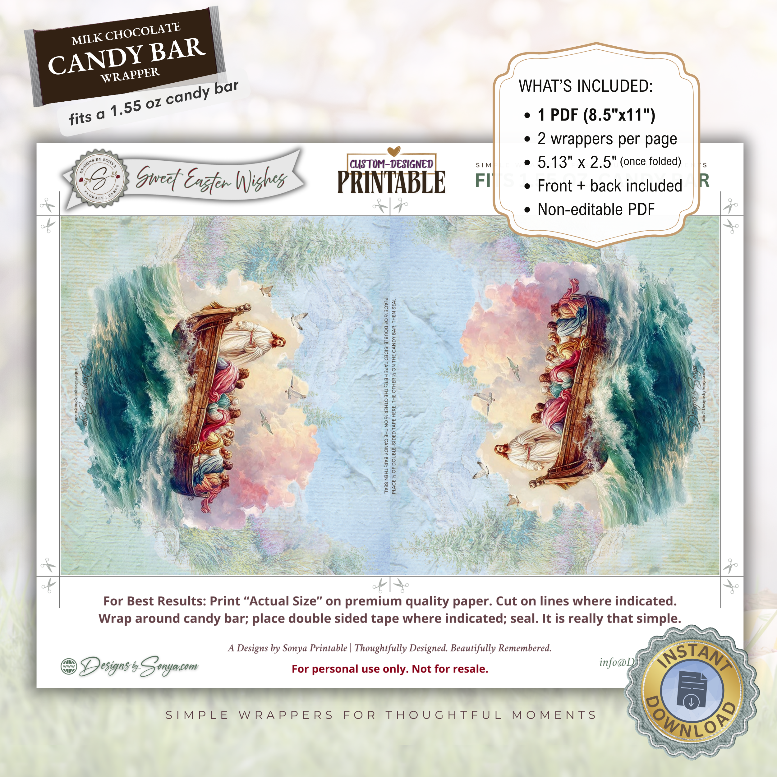 Jesus Calms the Storm Easter Candy Bar Wrapper Printable – Watercolor Disciples Boat Chocolate Wrap for 1.55 oz Bars – Religious Easter Basket Favor