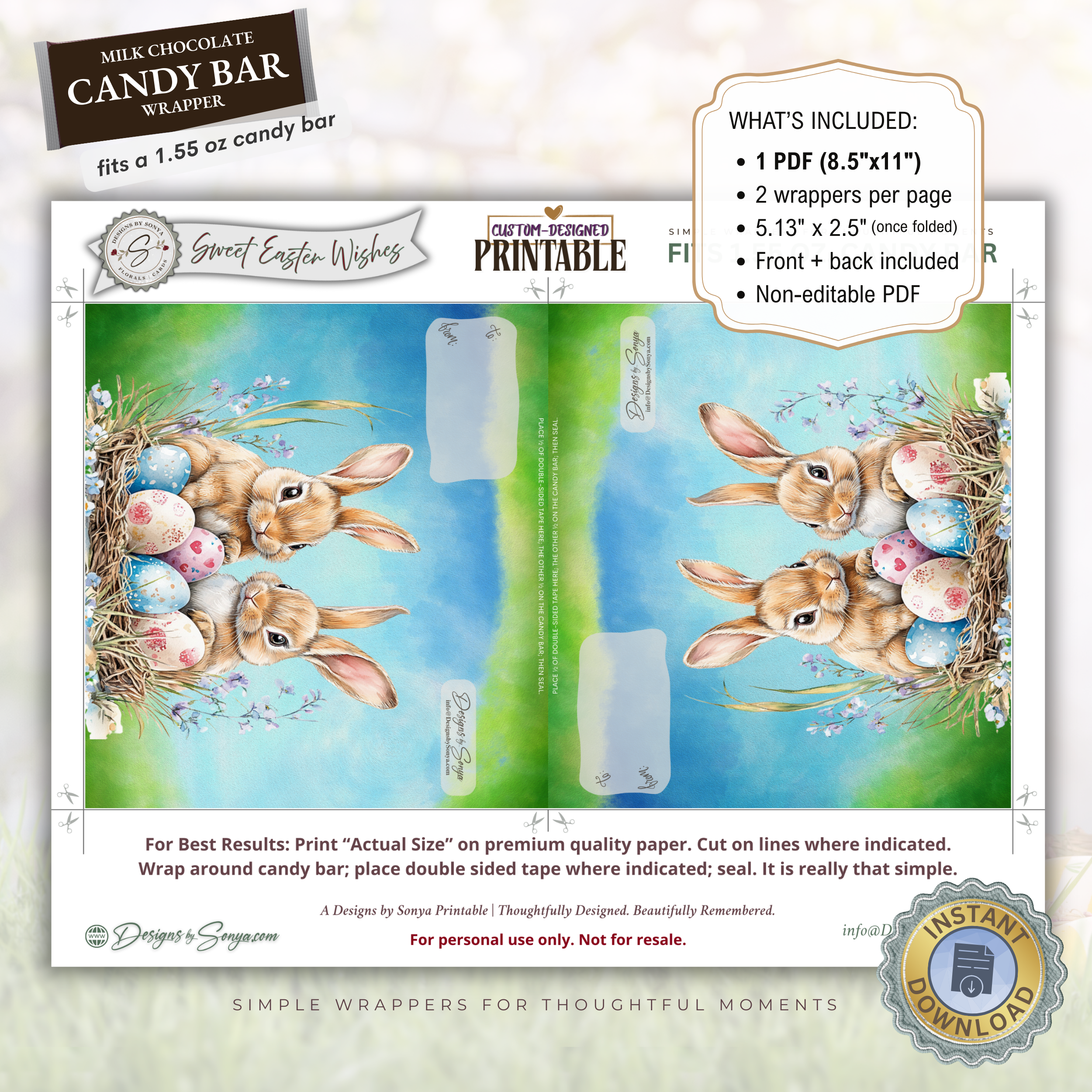 Watercolor Bunny Easter Candy Bar Wrapper Printable – Nest & Speckled Eggs Chocolate Wrap for 1.55 oz Bars – Spring Party Favor - Easter Basket Treat