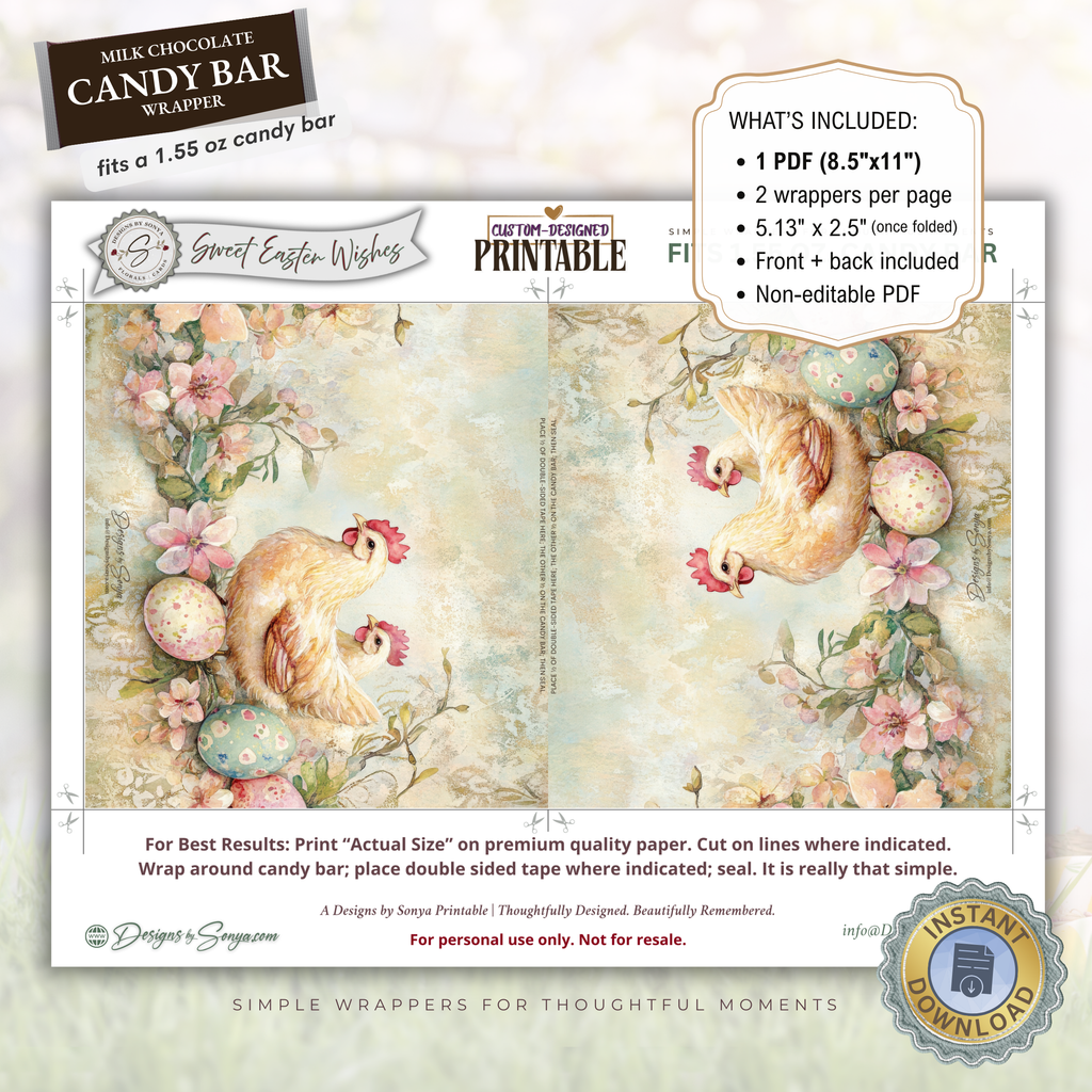 Farm Chicken Easter Candy Bar Wrapper Printable – Rustic Watercolor Happy Easter Chocolate Sleeve – Spring Party Favor Treats for Easter Baskets