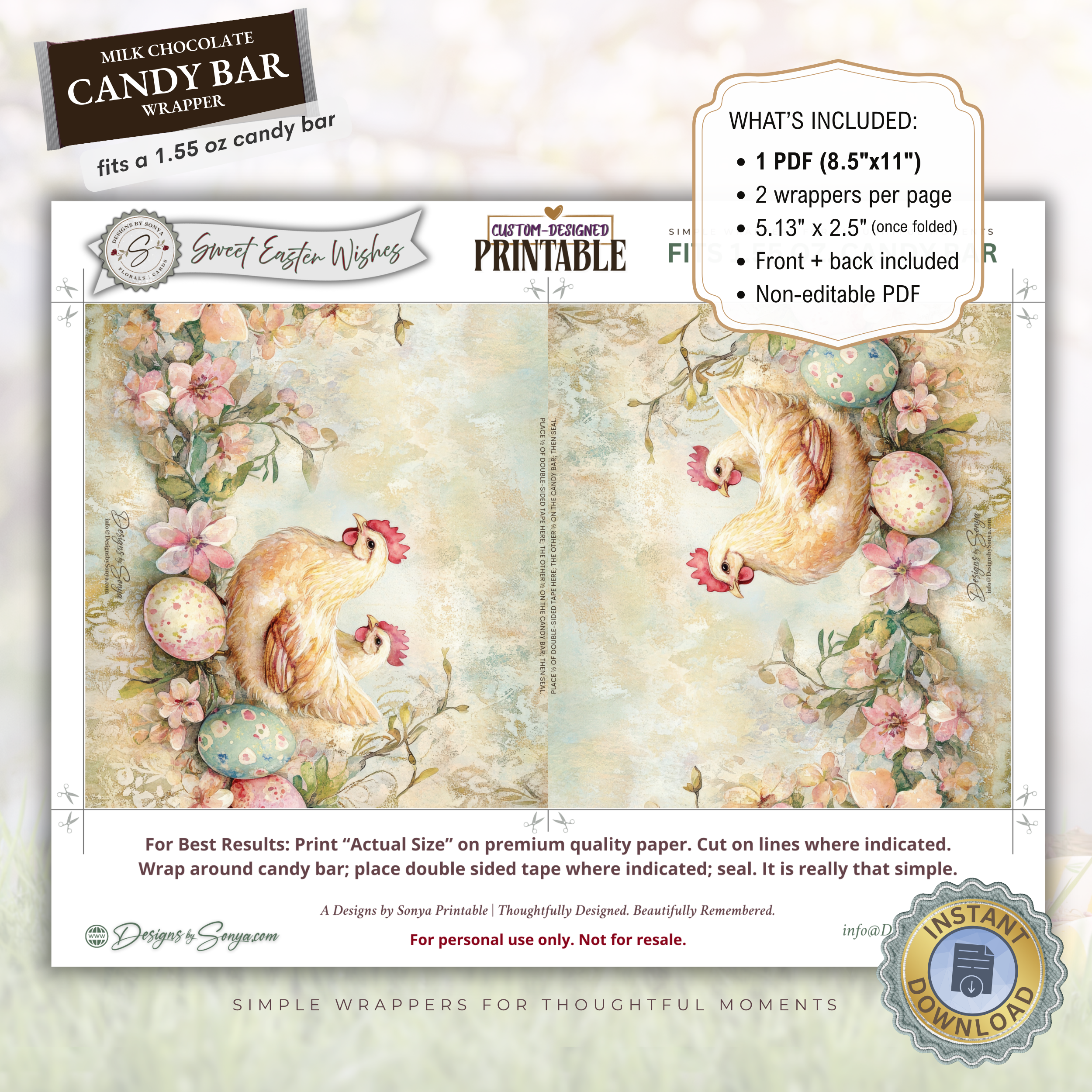 Farm Chicken Easter Candy Bar Wrapper Printable – Rustic Watercolor Happy Easter Chocolate Sleeve – Spring Party Favor Treats for Easter Baskets