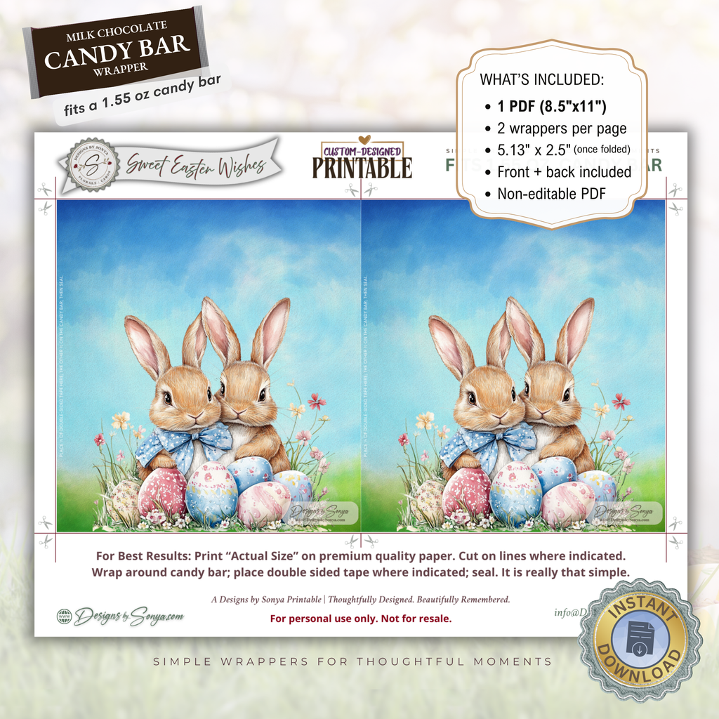 Sweet Easter Wishes Bunny Candy Bar Wrapper Printable – Watercolor Easter Chocolate Wrap for 1.55 oz Bars – Spring Basket Party Favor Treat