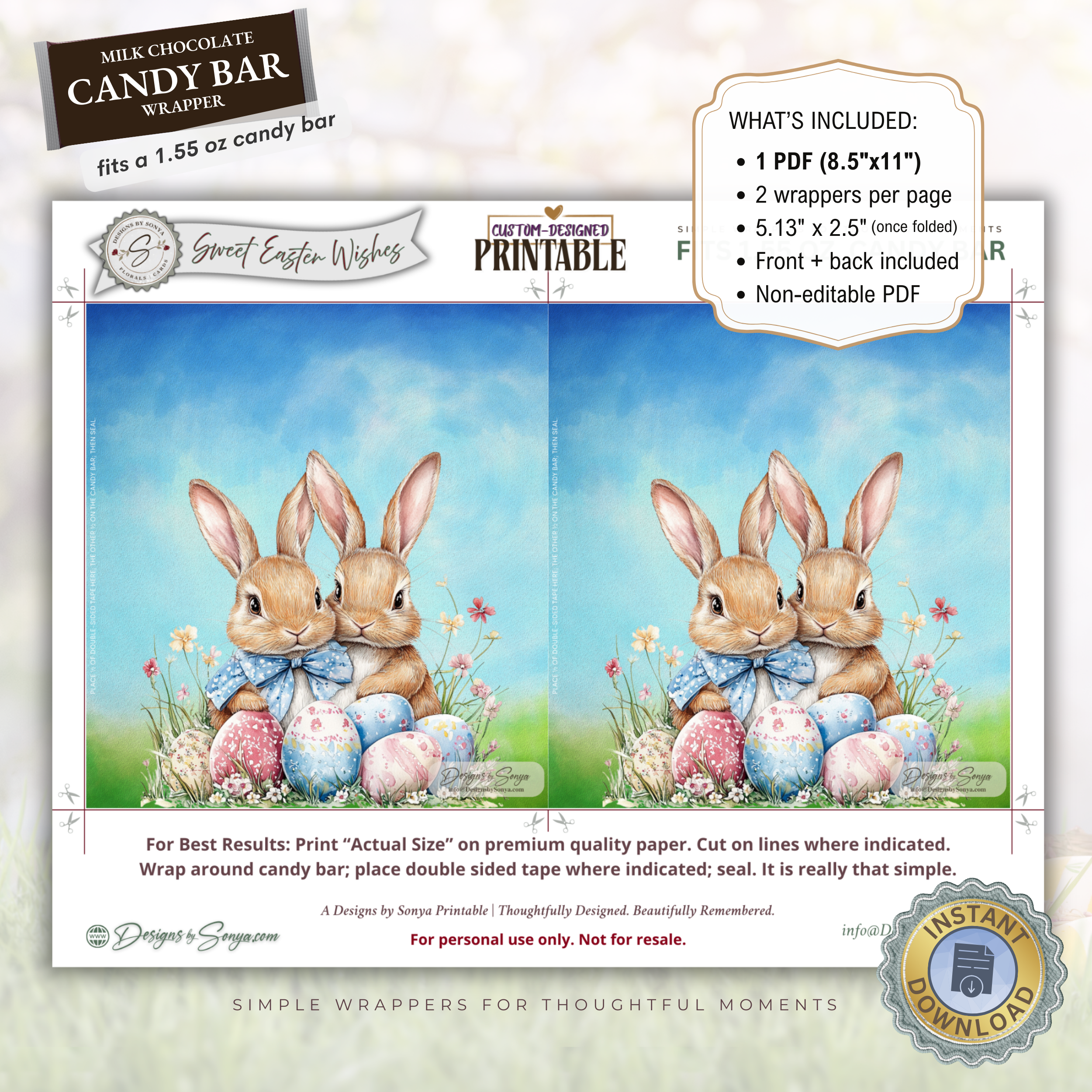 Sweet Easter Wishes Bunny Candy Bar Wrapper Printable – Watercolor Easter Chocolate Wrap for 1.55 oz Bars – Spring Basket Party Favor Treat