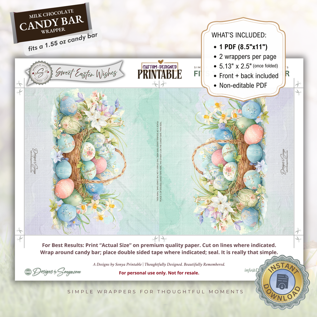 Easter Basket Eggs Candy Bar Wrapper Printable – Sweet Easter Wishes Chocolate Sleeve – Spring Party Favor for Kids Teachers Friends