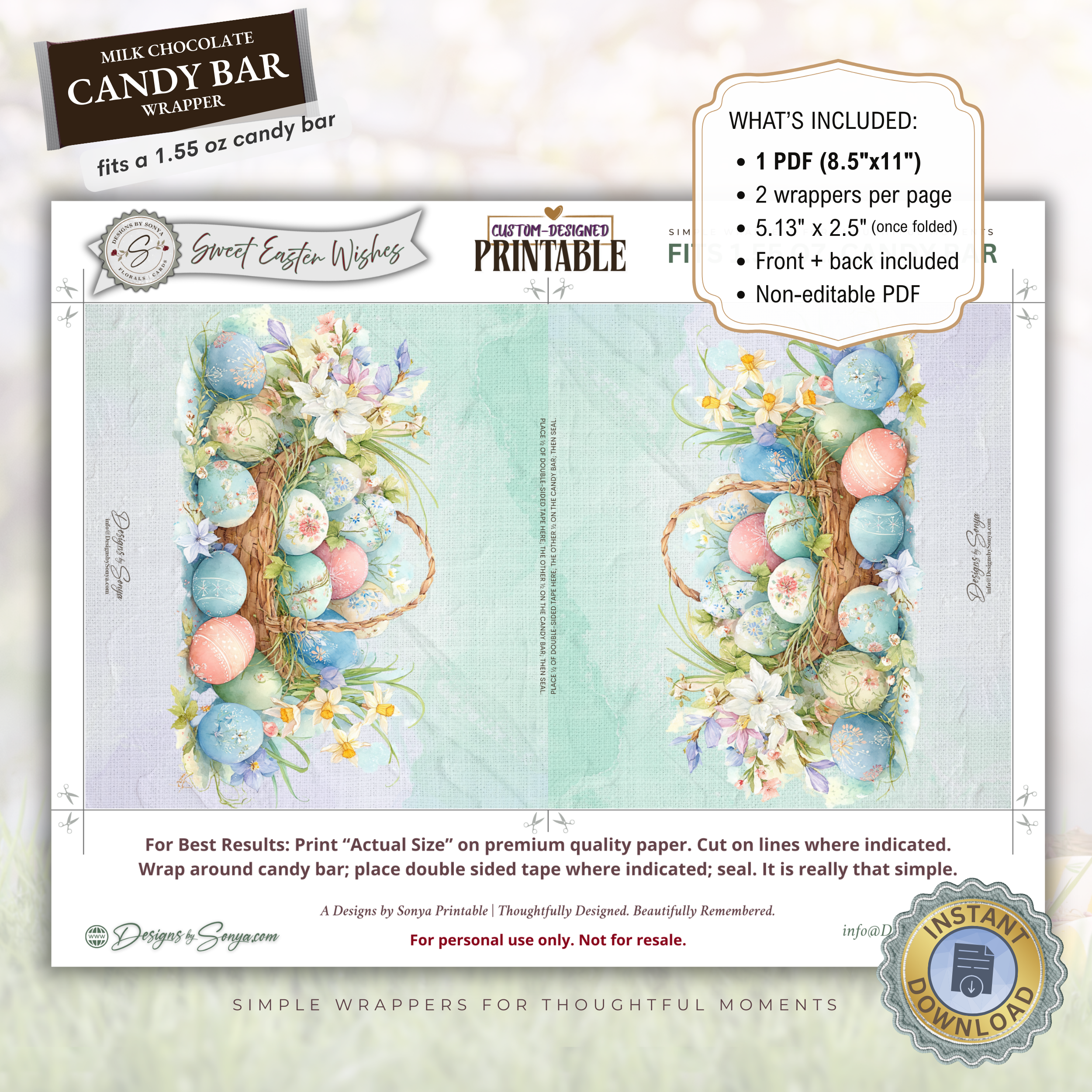 Easter Basket Eggs Candy Bar Wrapper Printable – Sweet Easter Wishes Chocolate Sleeve – Spring Party Favor for Kids Teachers Friends
