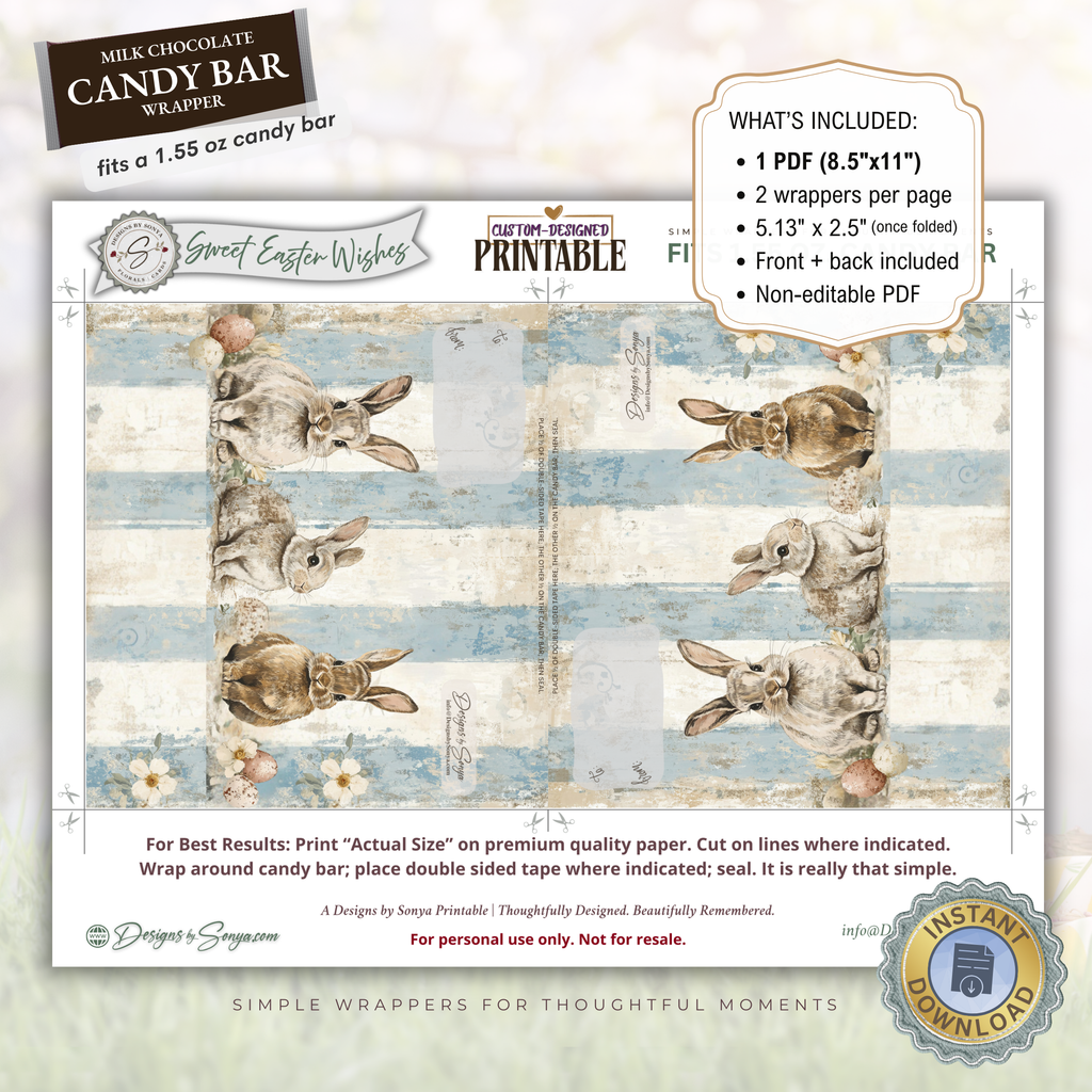 Easter Bunny Candy Bar Wrapper Printable – Trio Bunny Chocolate Bar Sleeve – Spring Treat Party Favor for Kids, Teachers & Friends
