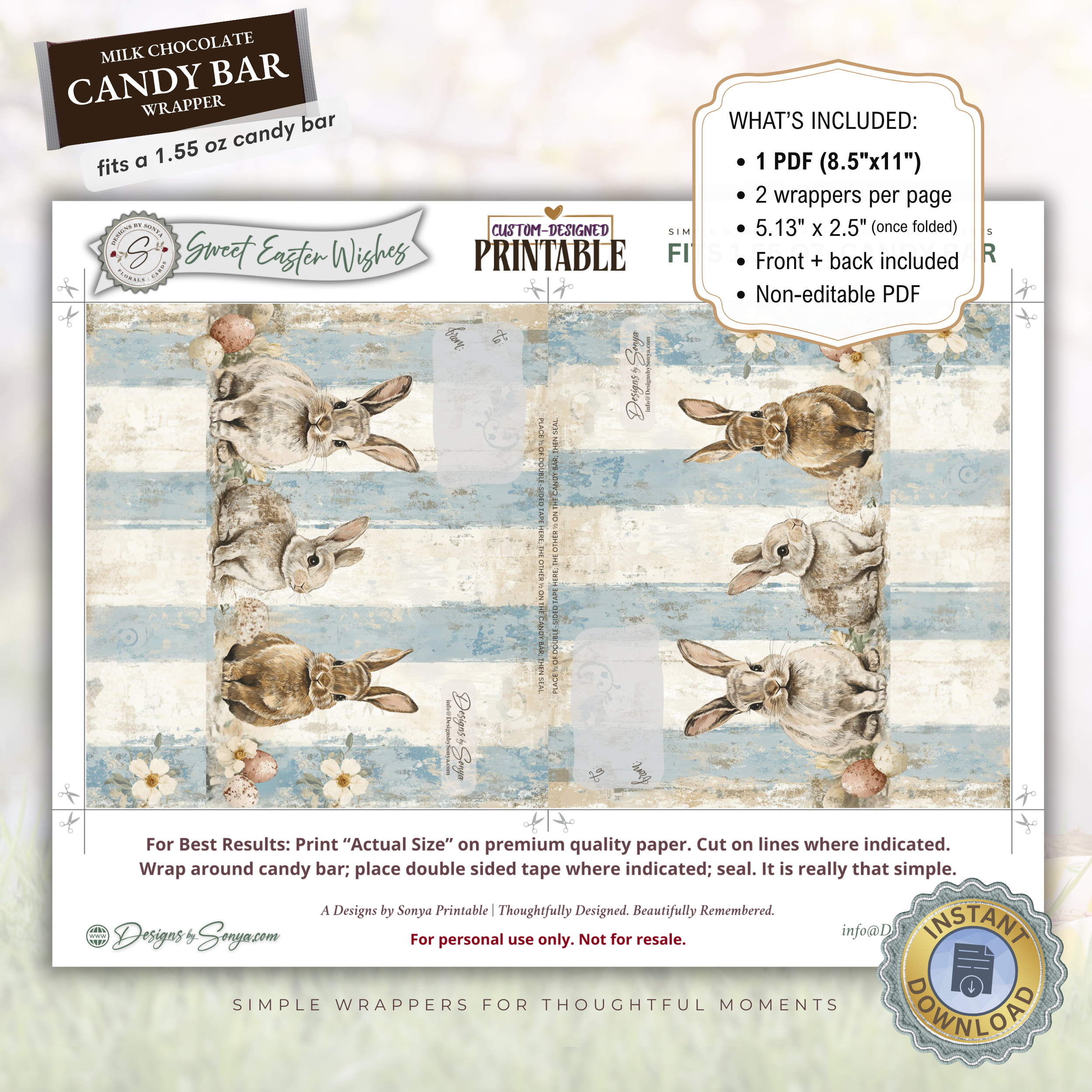 Easter Bunny Candy Bar Wrapper Printable – Trio Bunny Chocolate Bar Sleeve – Spring Treat Party Favor for Kids, Teachers & Friends