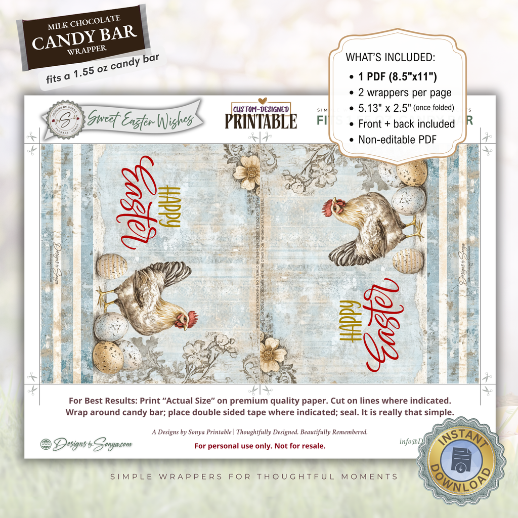 Happy Easter Candy Bar Wrapper Printable – Farm Chicken Chocolate Bar Sleeve – Rustic Spring Party Favor for Kids Teachers Friends
