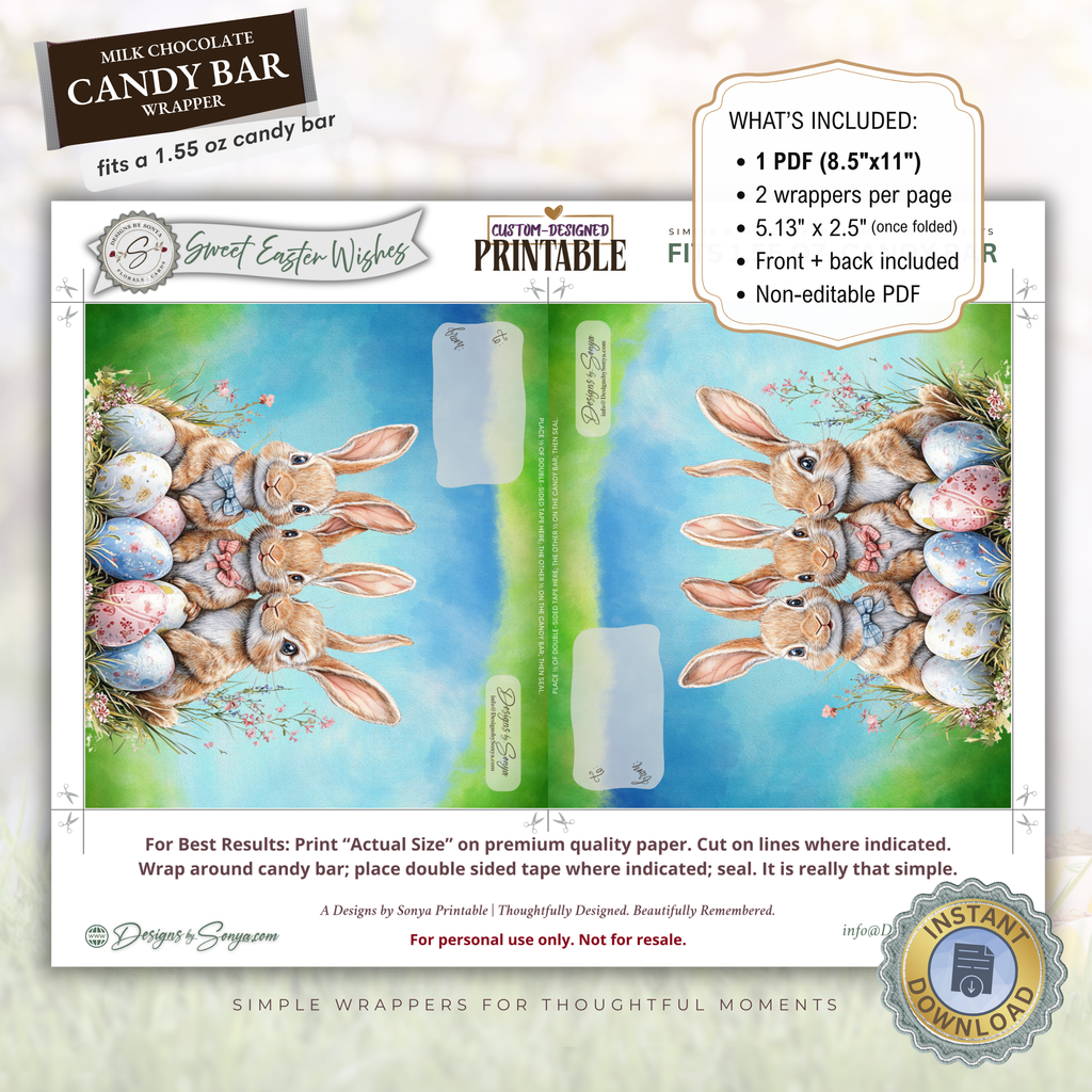 Three Bunny Easter Candy Bar Wrapper Printable – Watercolor Spring Chocolate Wrap for 1.55 oz Bars – Classroom Party Favor - Easter Basket Treat