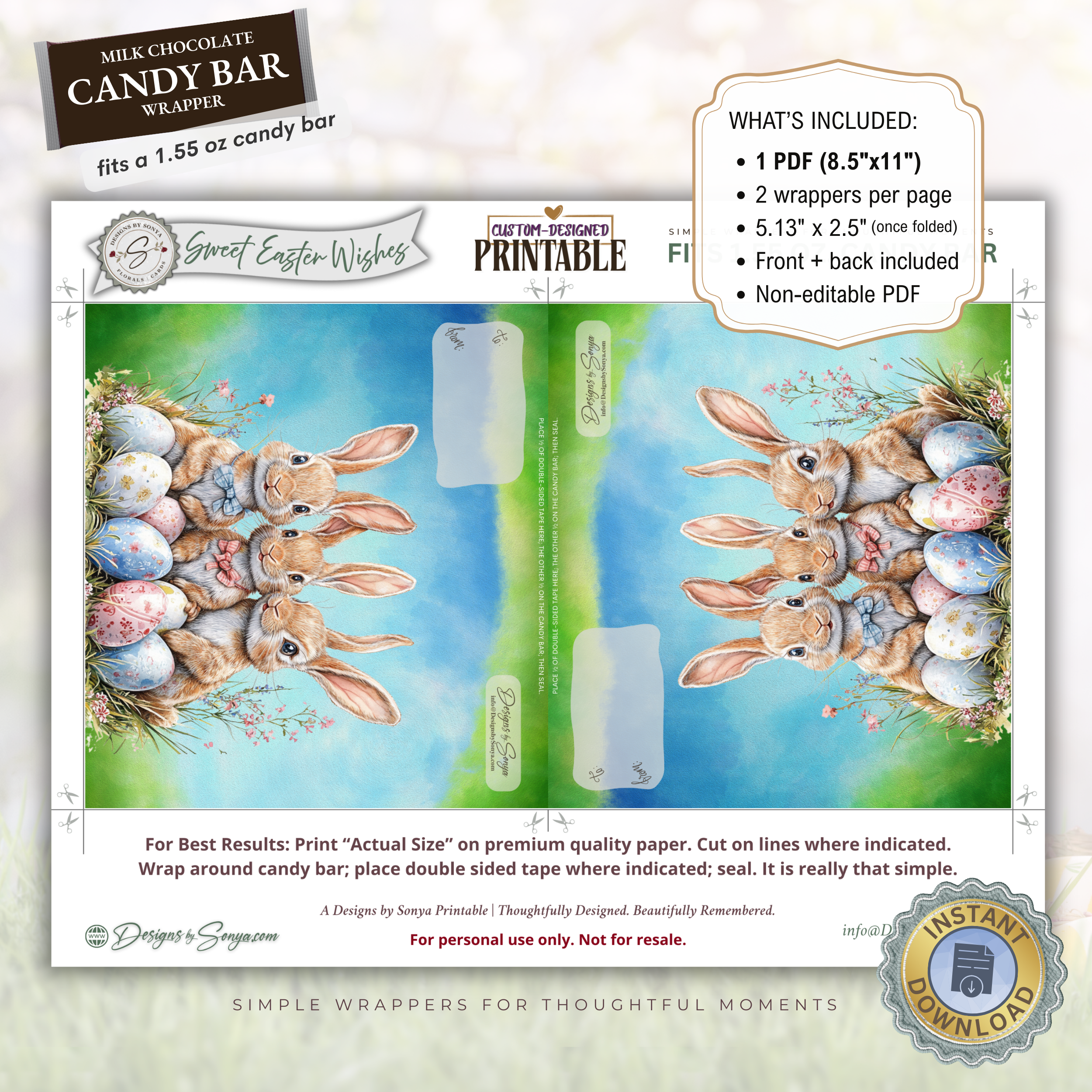 Three Bunny Easter Candy Bar Wrapper Printable – Watercolor Spring Chocolate Wrap for 1.55 oz Bars – Classroom Party Favor - Easter Basket Treat