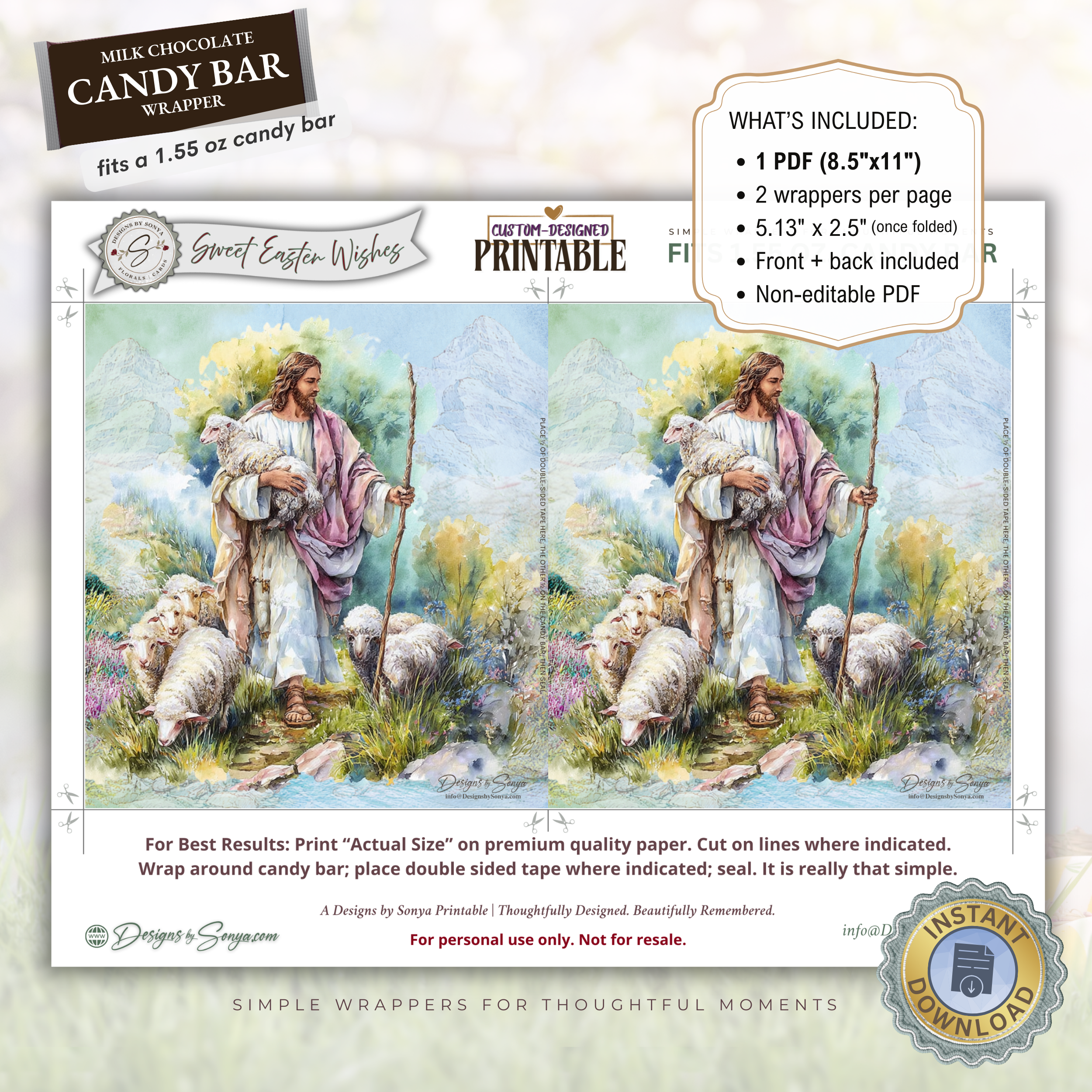 Good Shepherd Easter Candy Bar Wrapper Printable – Jesus with Lamb Watercolor Chocolate Wrap for 1.55 oz Bars – Religious Spring Basket Favor