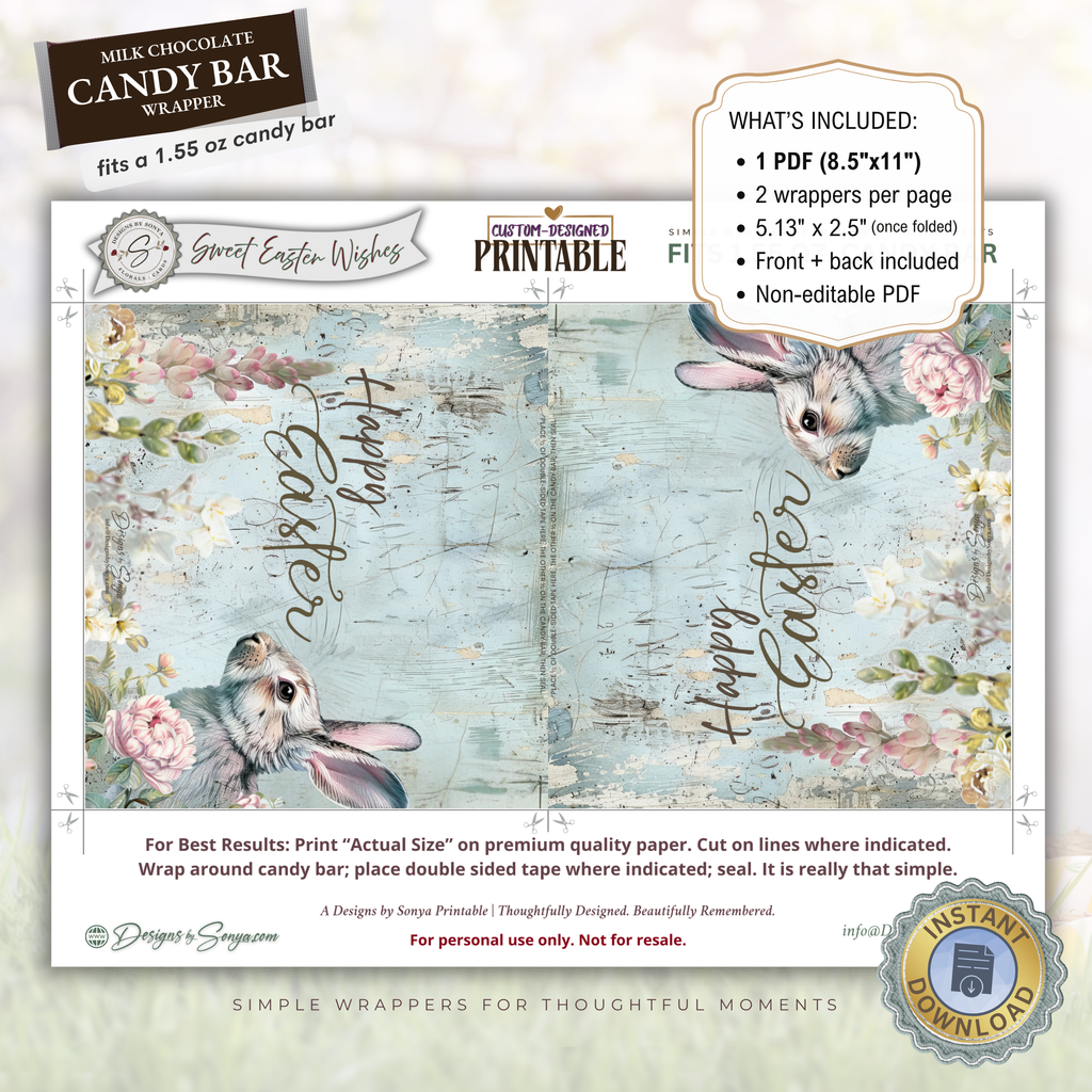Watercolor Bunny Easter Candy Bar Wrapper Printable – Sweet Easter Wishes Chocolate Sleeve – Easter Basket Party Favor for Kids Teachers Friends
