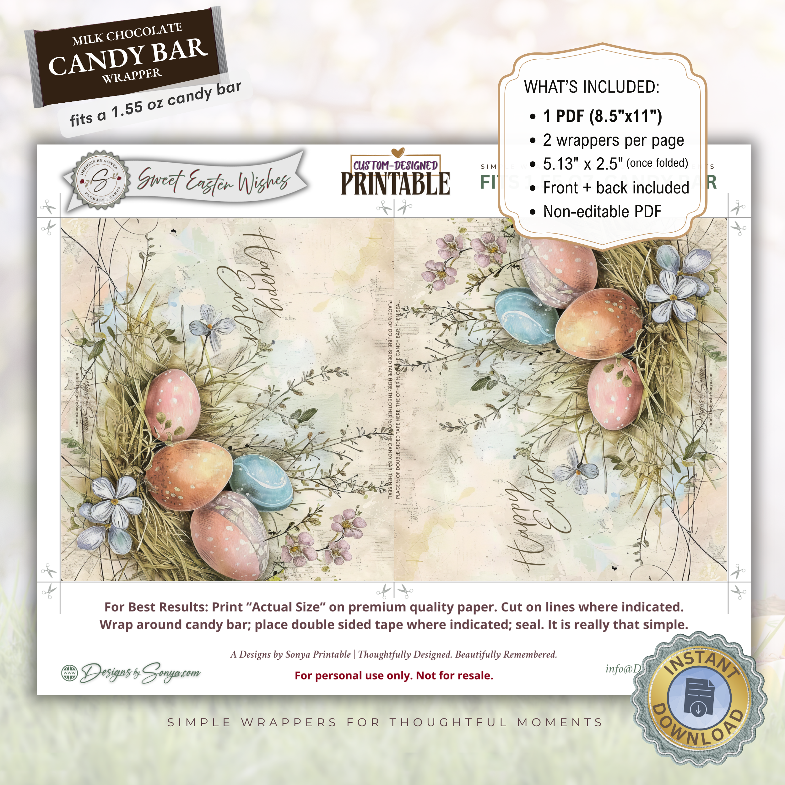 Speckled Easter Eggs Candy Bar Wrapper Printable – Sweet Easter Wishes Chocolate Sleeve – Spring Party Favor for Kids Teachers Friends - Easter Basket