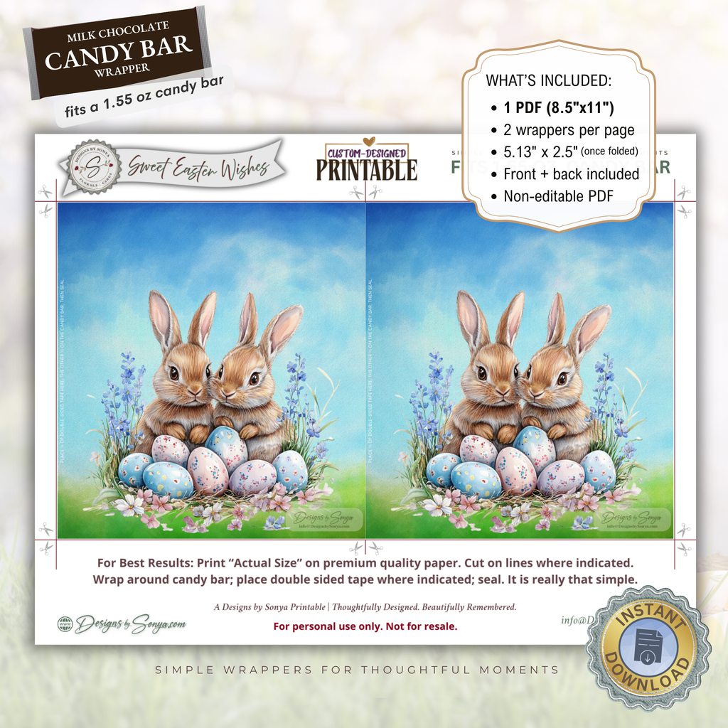 Sweet Easter Wishes Bunny Candy Bar Wrapper Printable – Watercolor Chocolate Sleeve for 1.55 oz Bars – Spring Basket Party Favor Treat