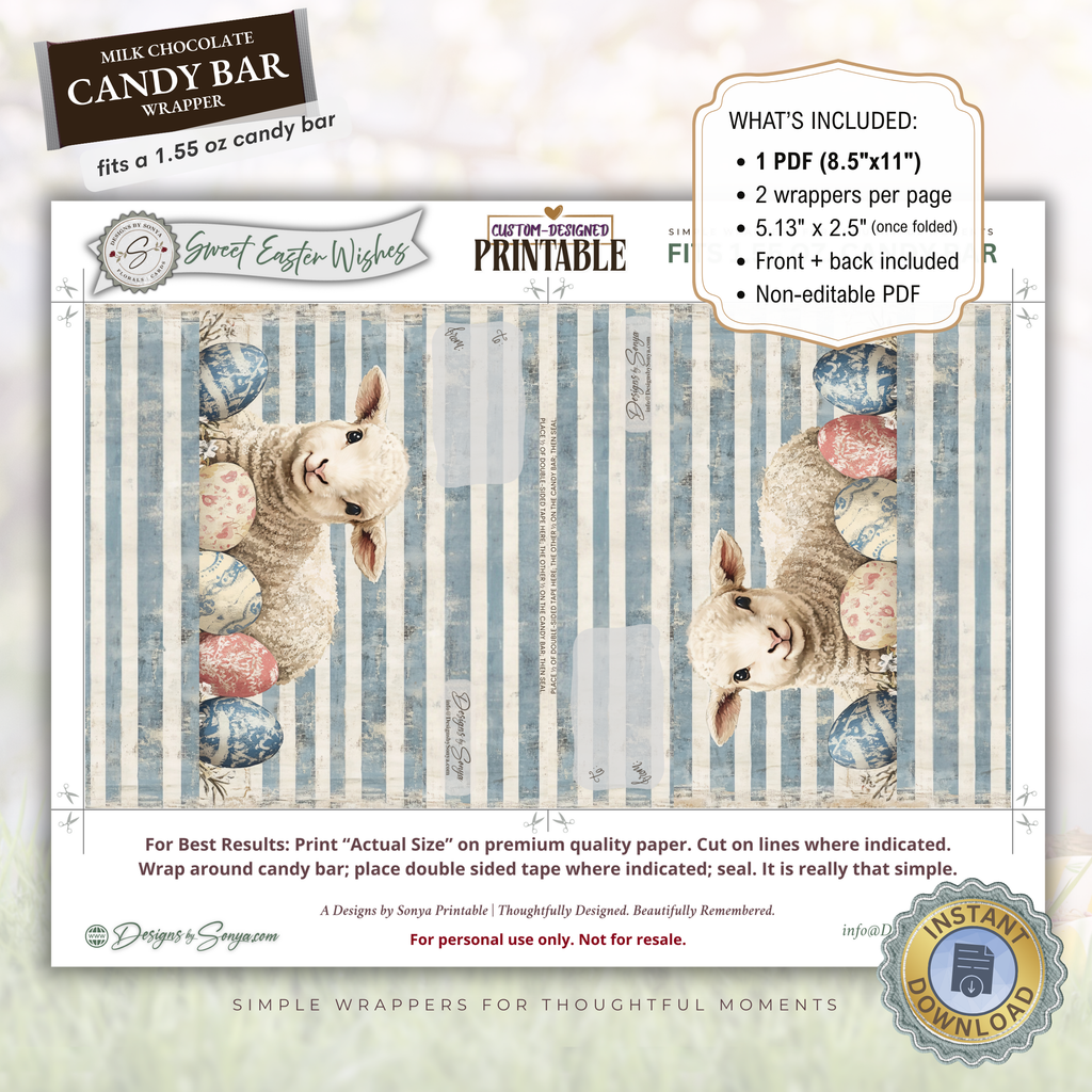 Easter Lamb Candy Bar Wrapper Printable – Sweet Easter Wishes Chocolate Bar Sleeve – Spring Treat Party Favor for Kids, Teachers & Friends