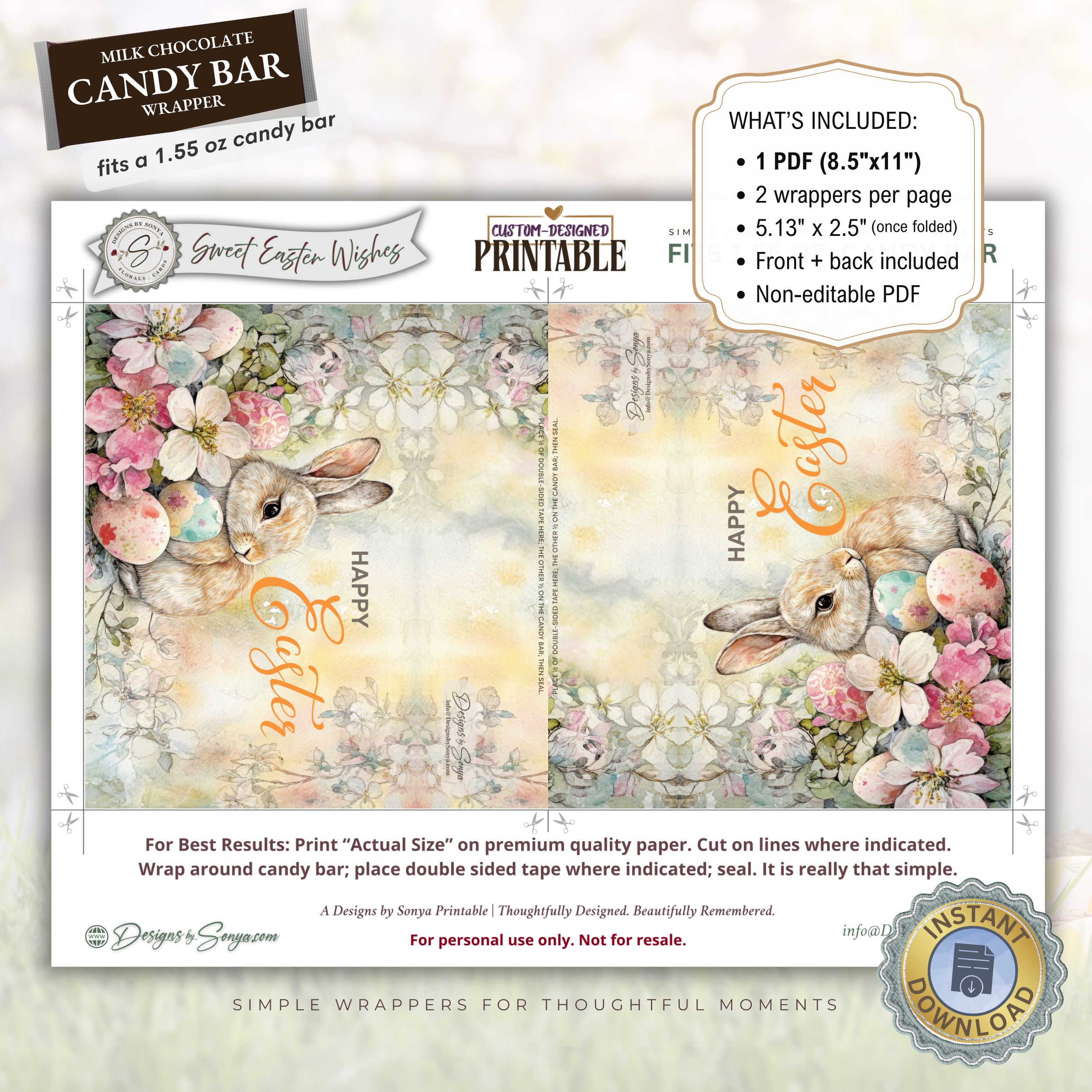 Easter Bunny Candy Bar Wrapper Printable – Watercolor Floral Happy Easter Chocolate Sleeve – Spring Party Favor for Kids Teachers Friends