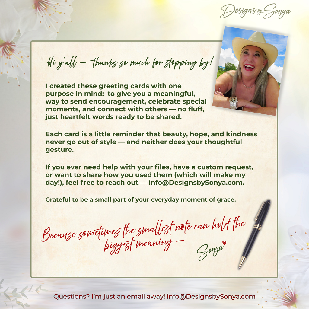 Meet the Designer
Friendly note from the designer emphasizing thoughtful, handwritten cards and responsive support for your printable files.
