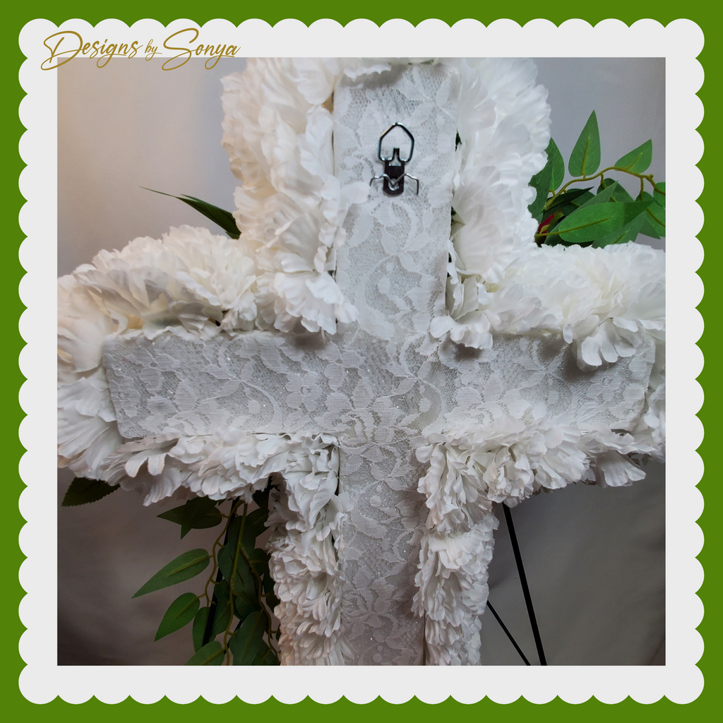 Eternal Love Standing Cross - White Carnations and Red Roses Memorial