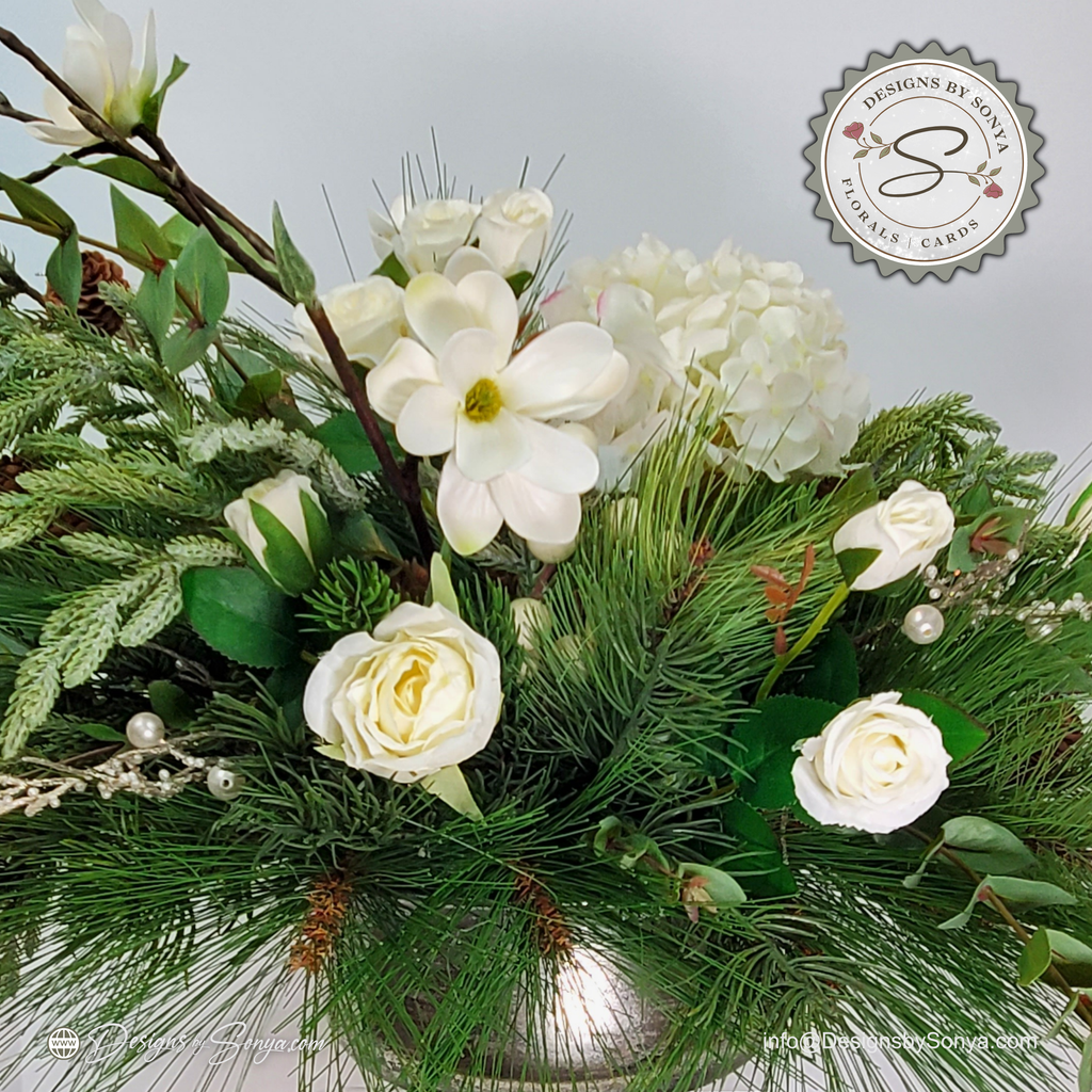 White Winter Floral Arrangement – Custom Designed Christmas Table Décor Centerpiece with Faux Pine, Cedar Greenery and Ivory Roses