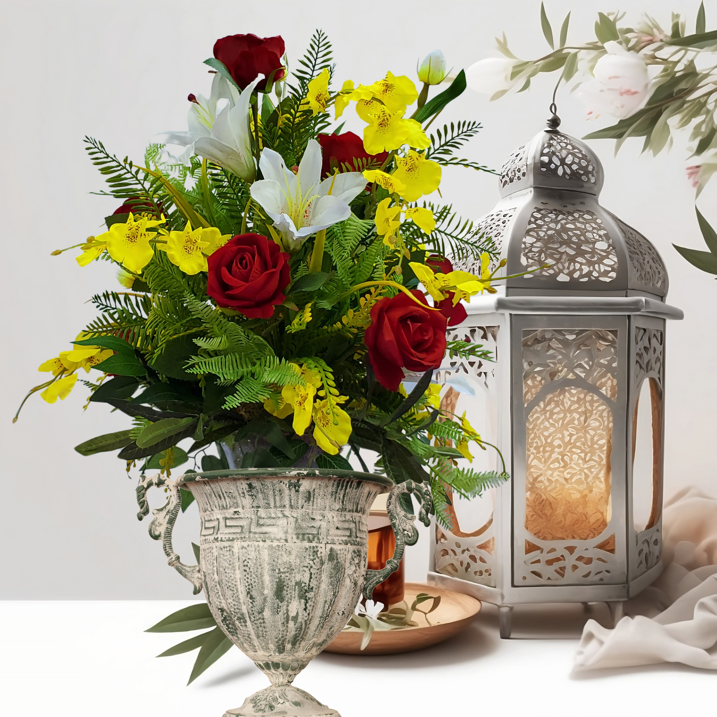 Red Rose, Orchid & Lily Floral Vase Arrangement – Silk Flower Home Decor Centerpiece | Holidays, Christmas, Valentine’s, Mother’s Day Gift