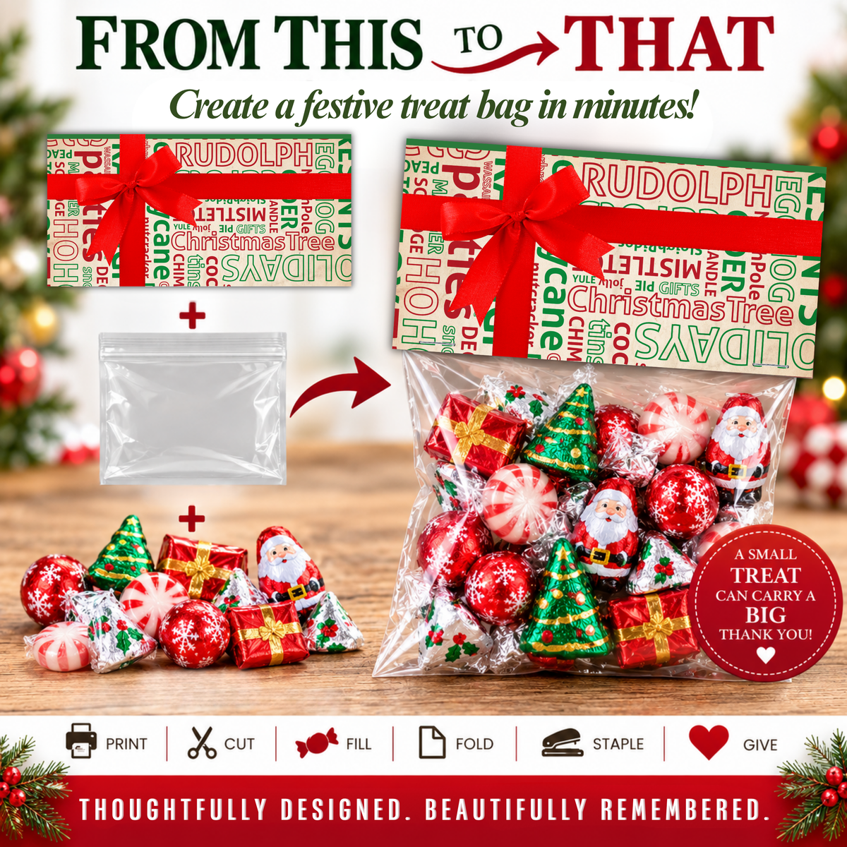 Printable Christmas Treat Bag Topper Collection | 4 Vintage Holiday Designs | Candy Bag Toppers for Classroom Parties & Christmas Gifts | 4" x 2" PDF